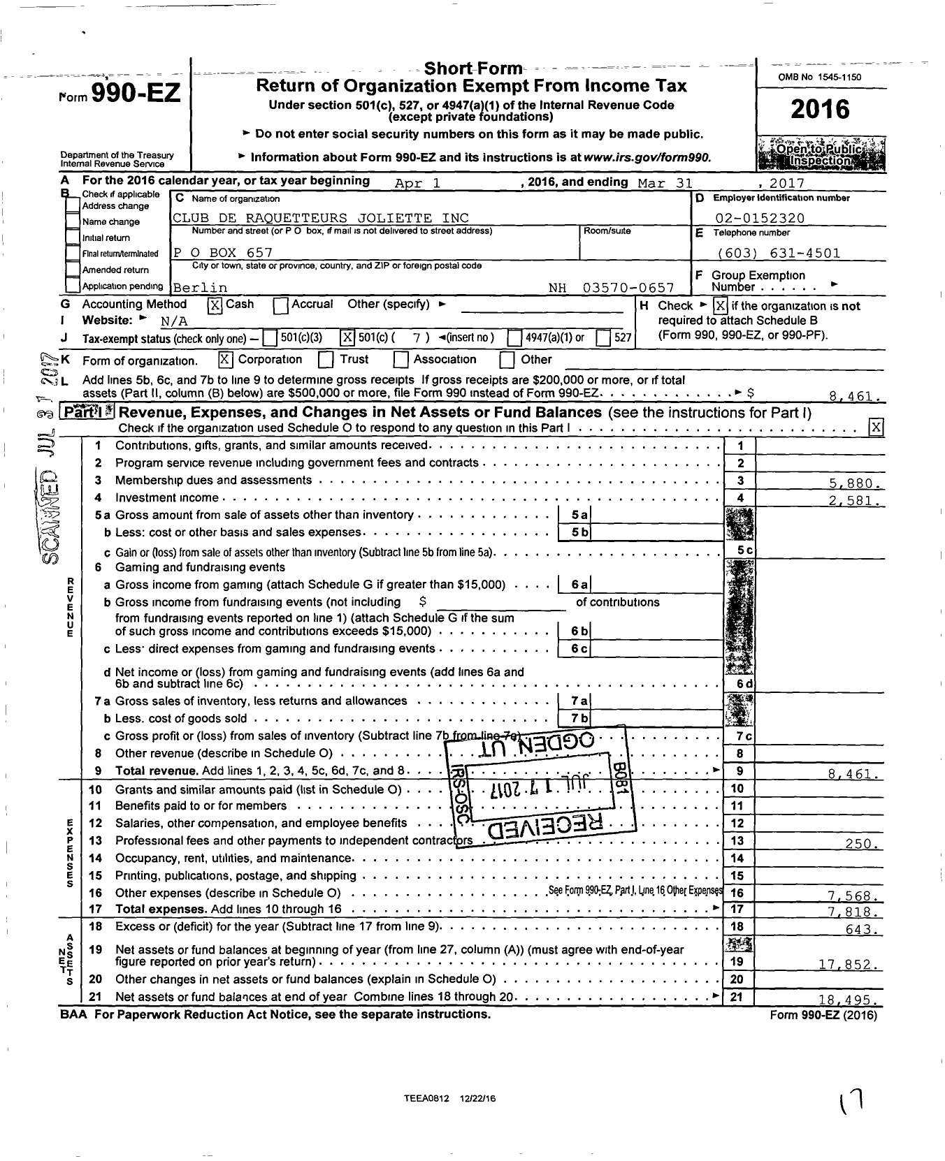 Image of first page of 2016 Form 990EO for Club de Raquetteurs Joliette