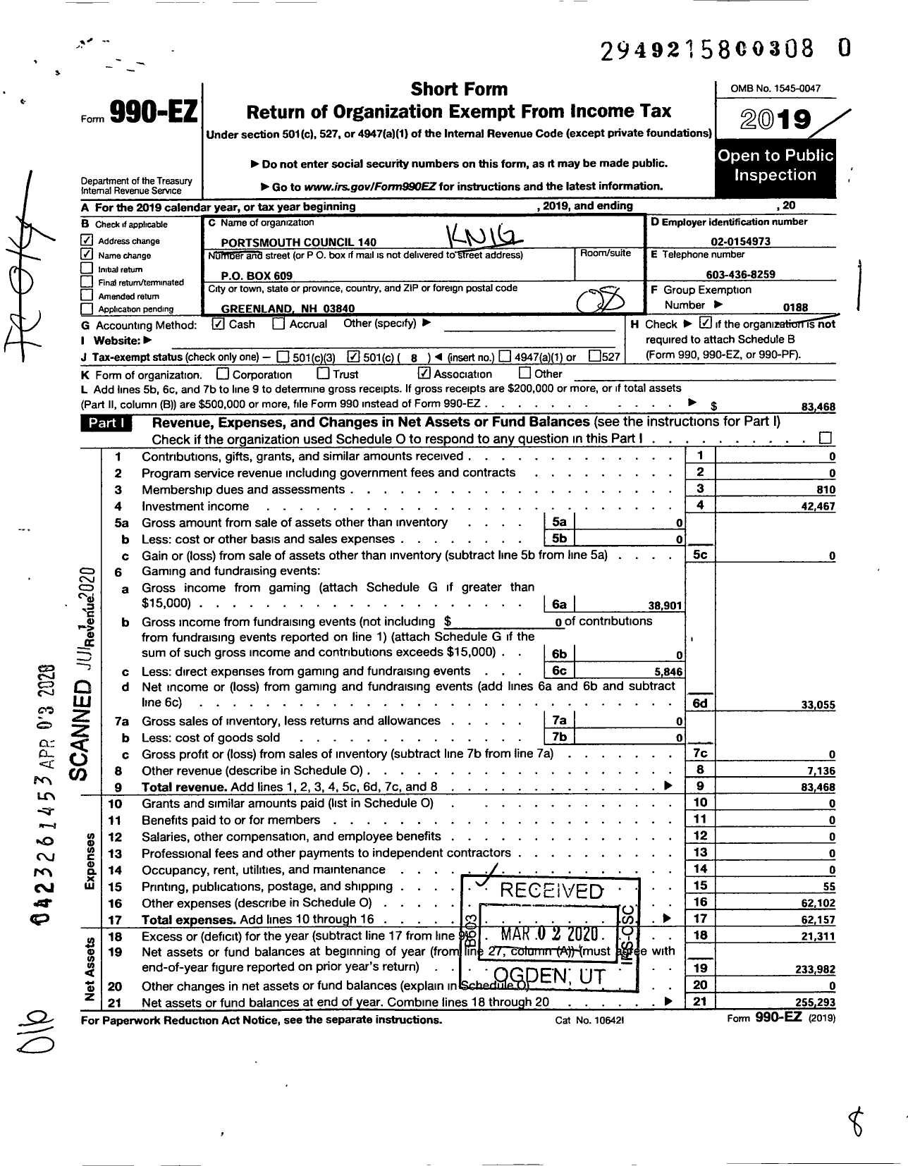 Image of first page of 2019 Form 990EO for Knights of Columbus - 140 Portsmouth Council