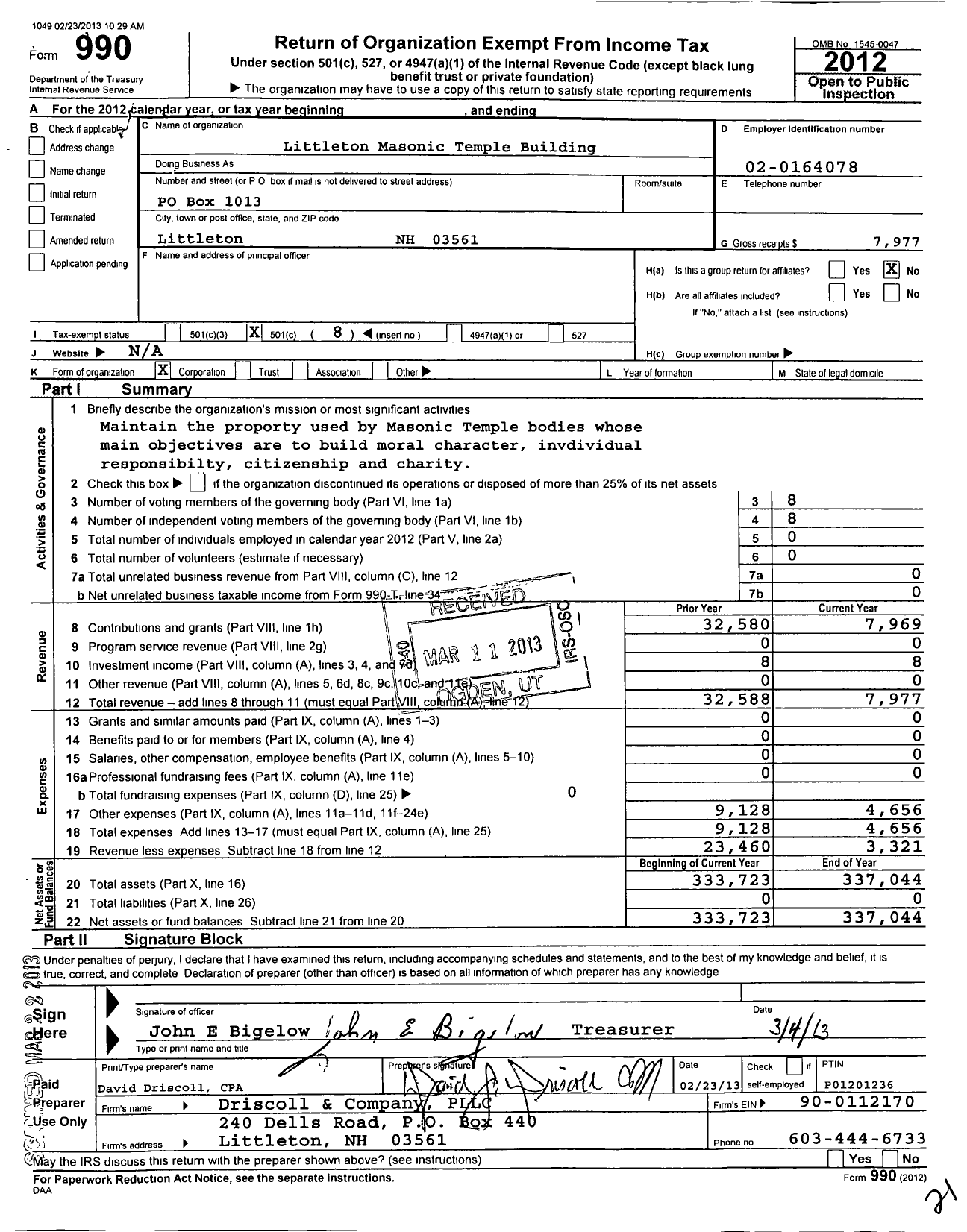 Image of first page of 2012 Form 990O for Littleton Building Association