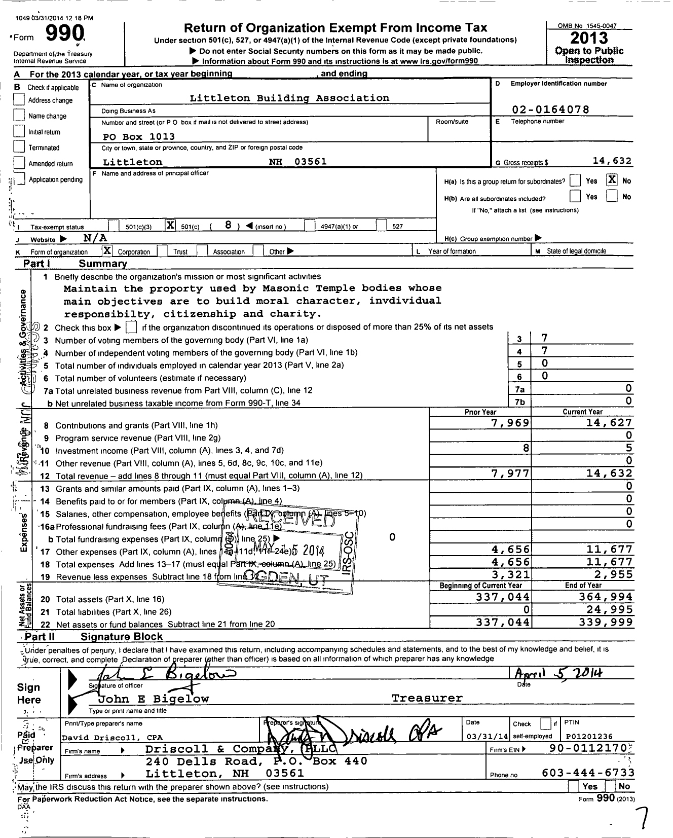 Image of first page of 2013 Form 990O for Littleton Building Association