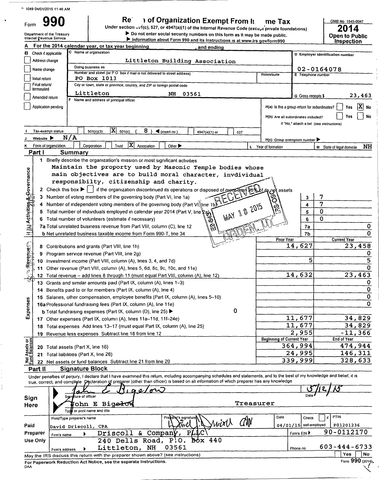 Image of first page of 2014 Form 990O for Littleton Building Association