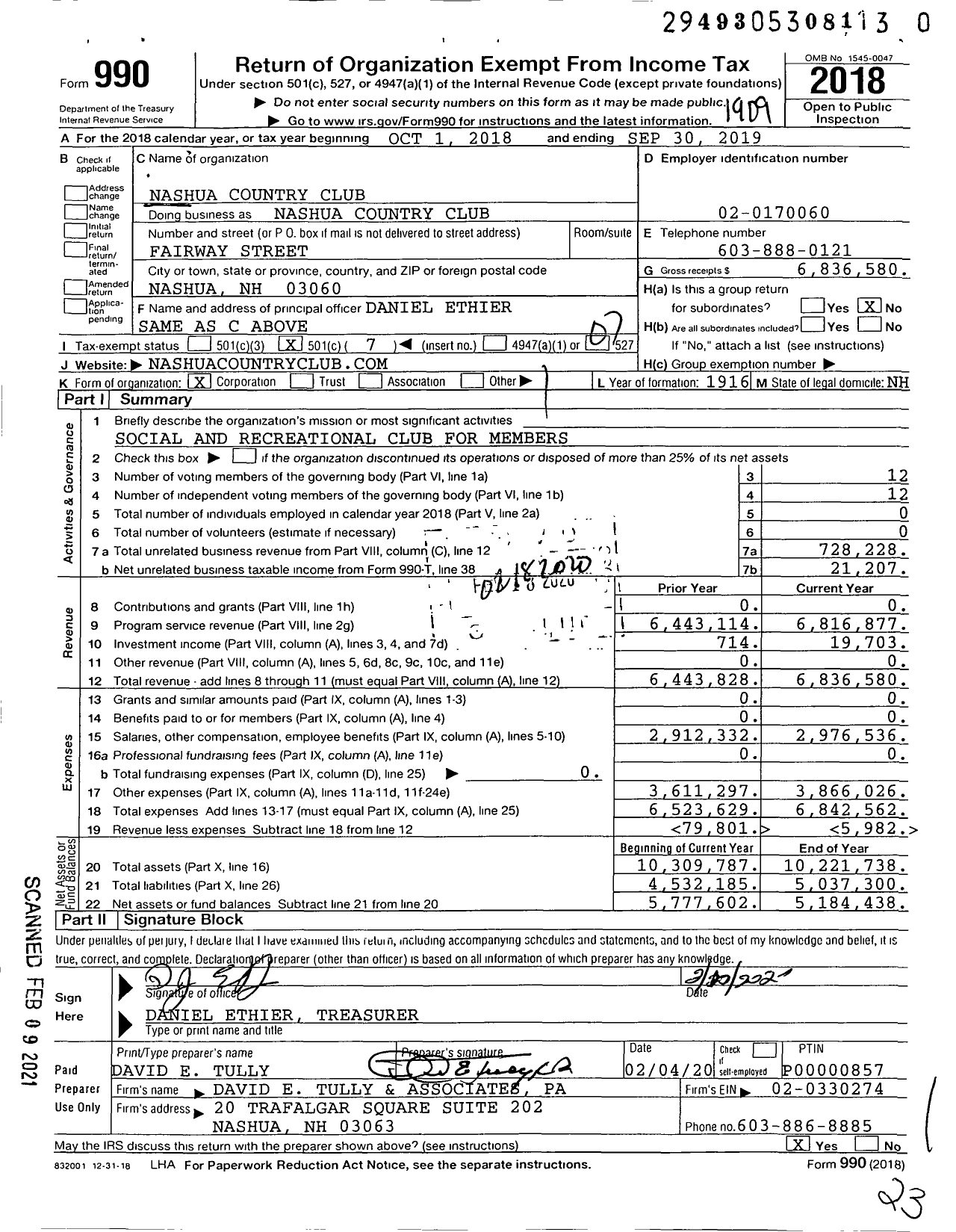 Image of first page of 2018 Form 990O for Nashua Country Club