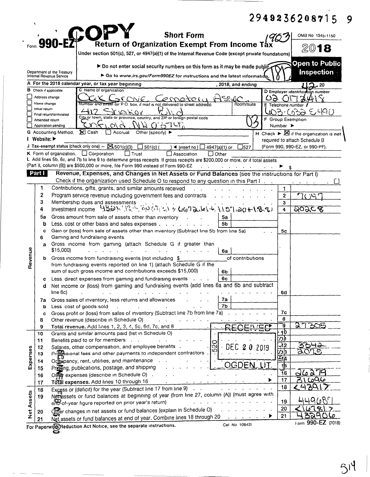 Image of first page of 2018 Form 990EZ for Oak Grove Cemetery Association