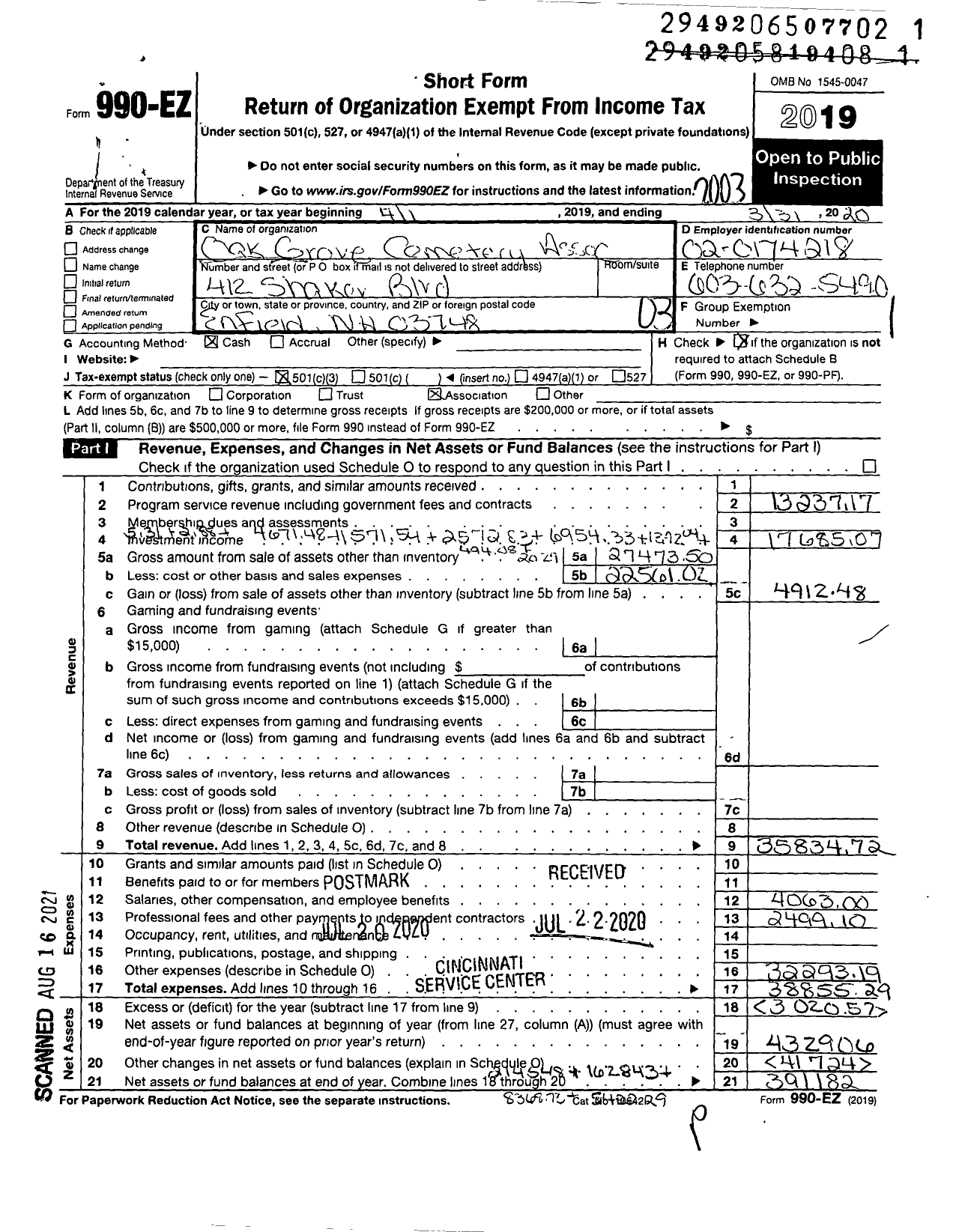 Image of first page of 2019 Form 990EZ for Oak Grove Cemetery Association