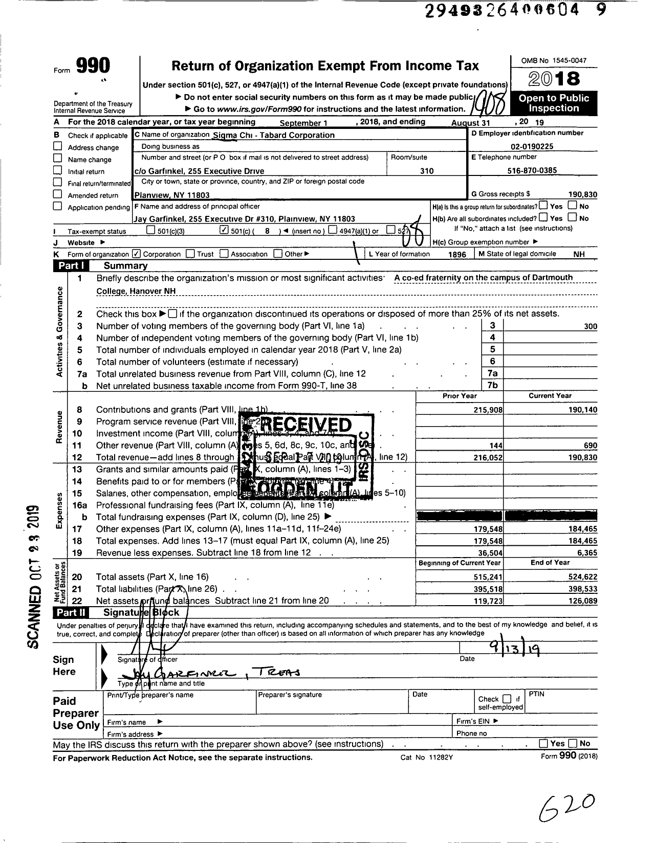 Image of first page of 2018 Form 990O for Sigma Chi Fraternity Tabard Corporation