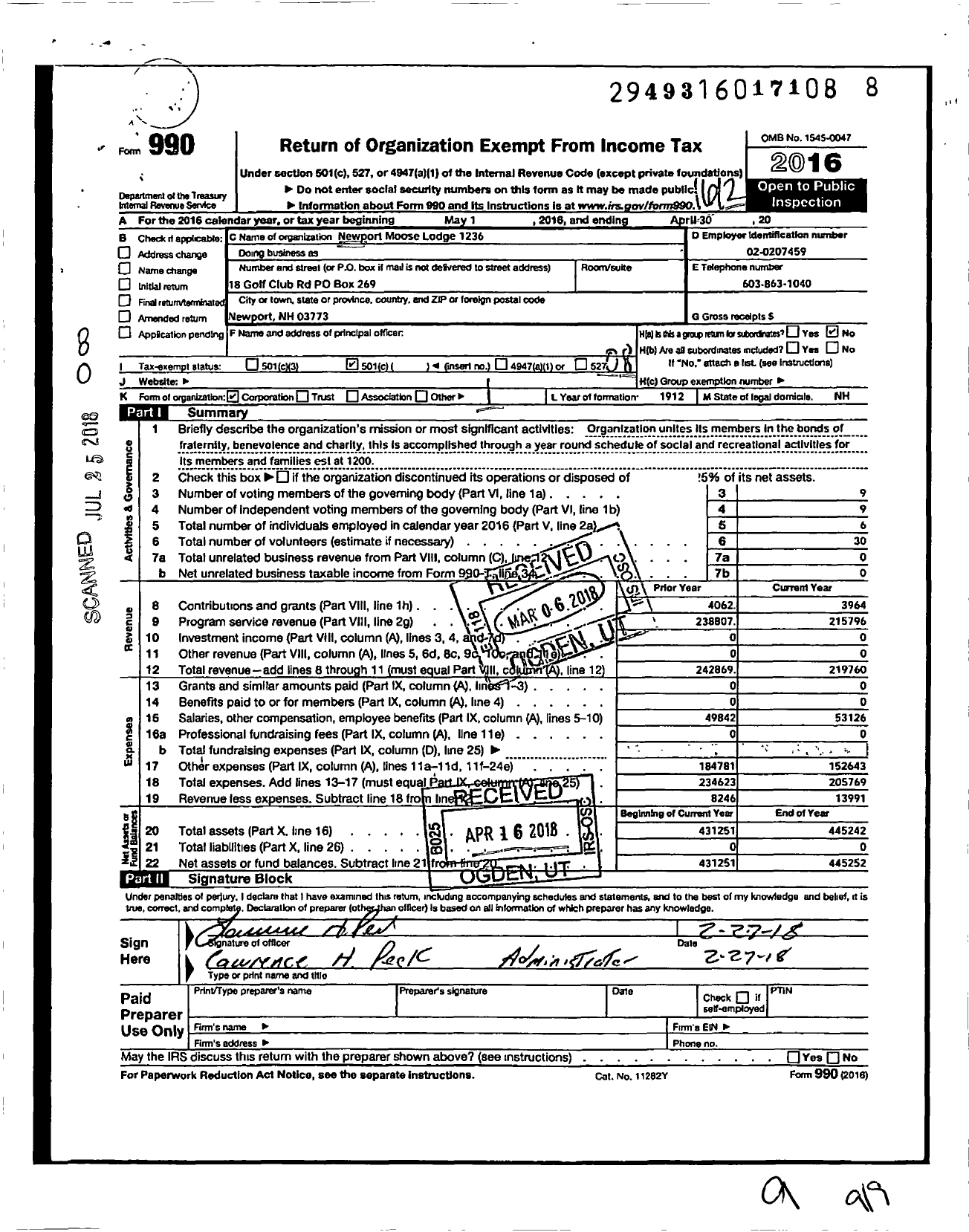 Image of first page of 2016 Form 990O for Loyal Order of Moose - 1236
