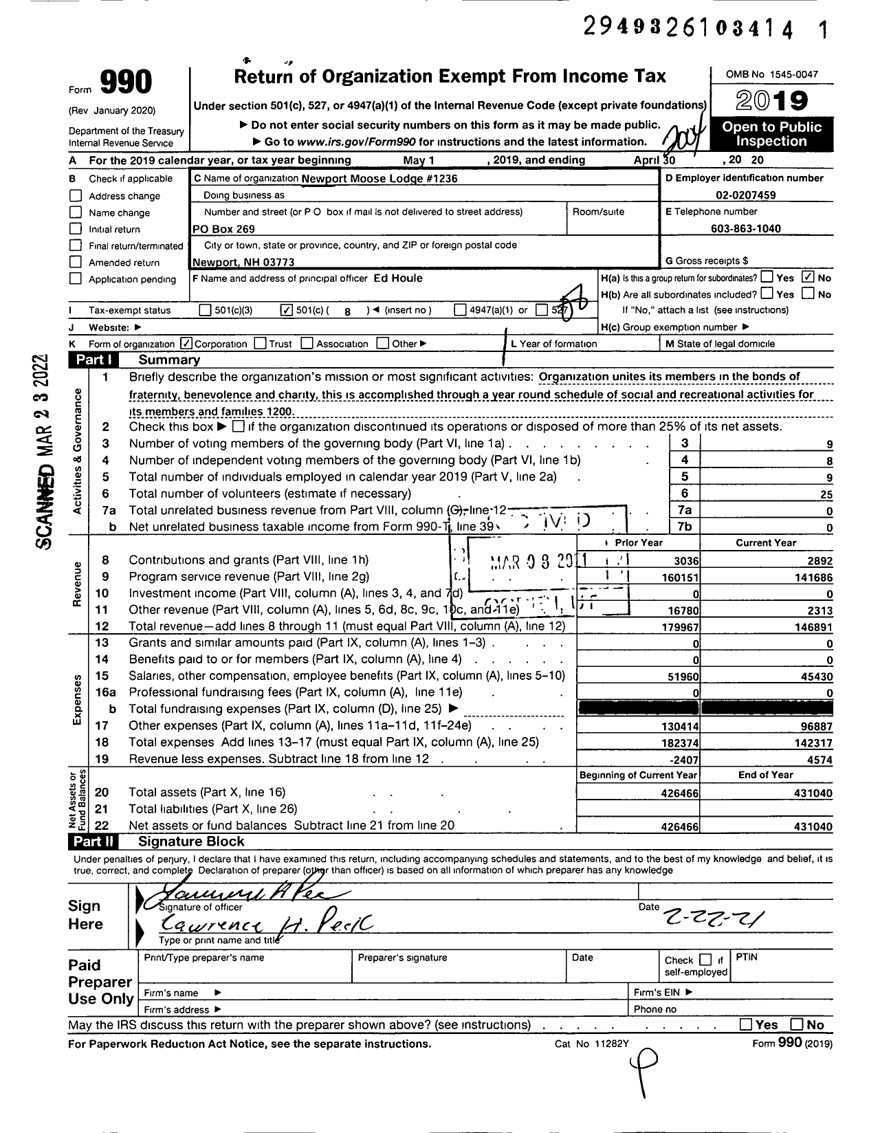 Image of first page of 2019 Form 990O for Loyal Order of Moose - 1236