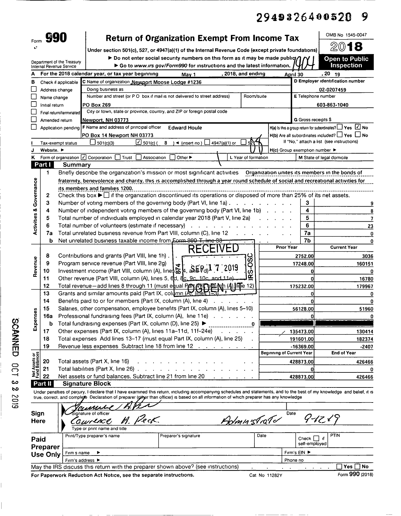 Image of first page of 2018 Form 990O for Loyal Order of Moose - 1236