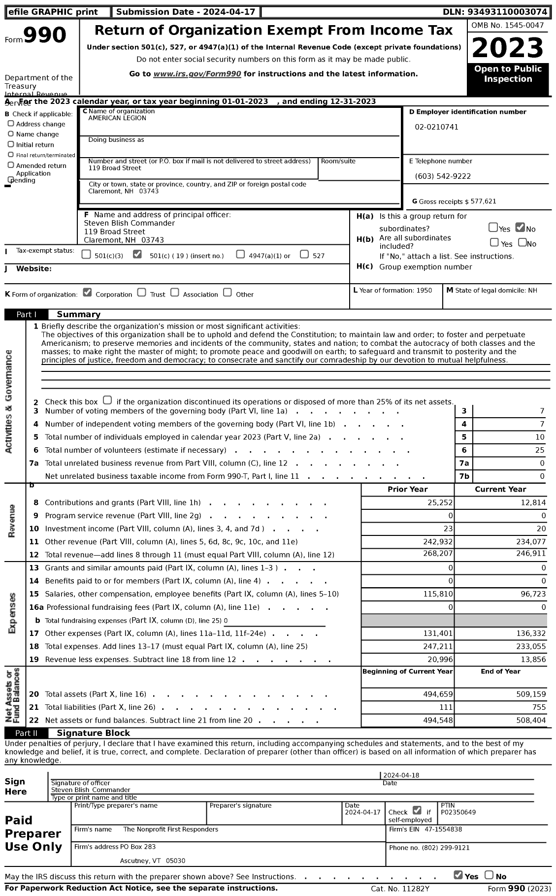 Image of first page of 2023 Form 990 for AMERICAN LEGION - 0029 Claremont