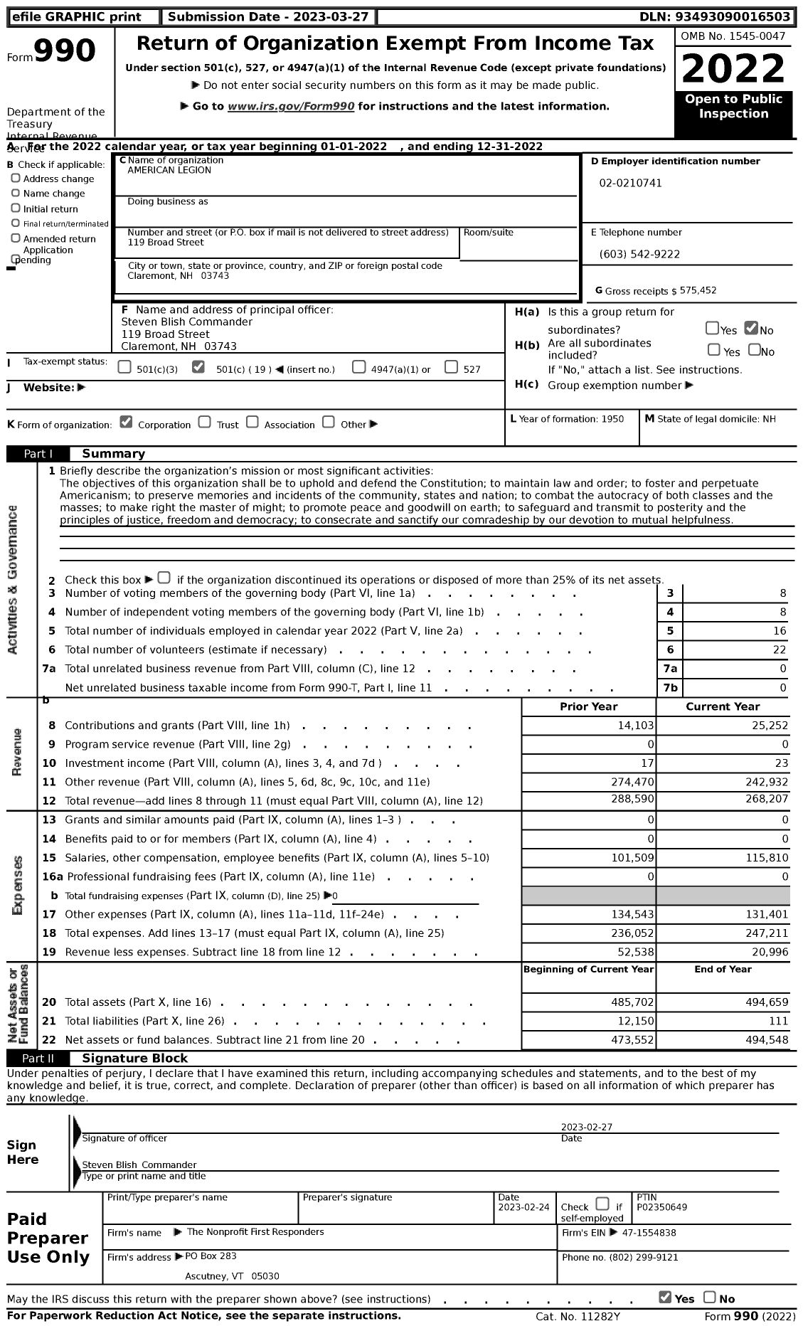 Image of first page of 2022 Form 990 for AMERICAN LEGION - 0029 Claremont