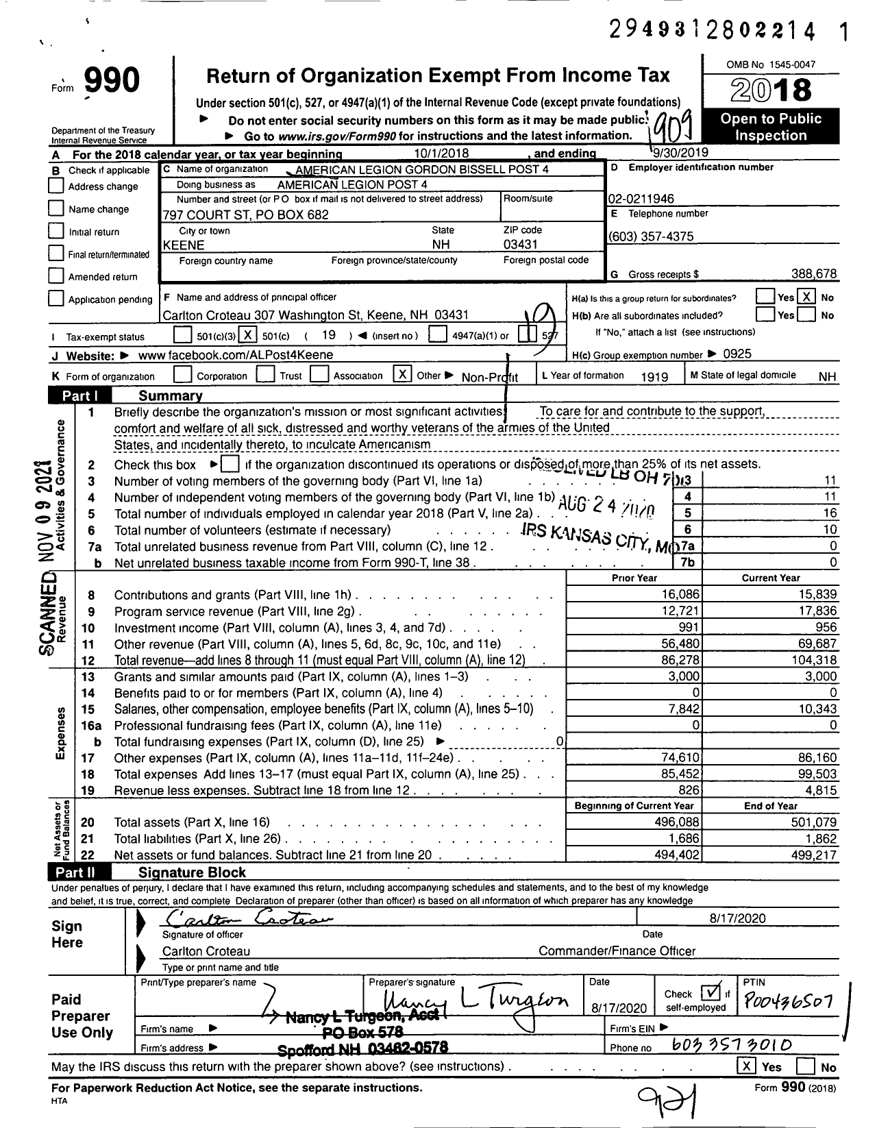 Image of first page of 2018 Form 990O for American Legion - American Legion Gordon Bissell Post 4