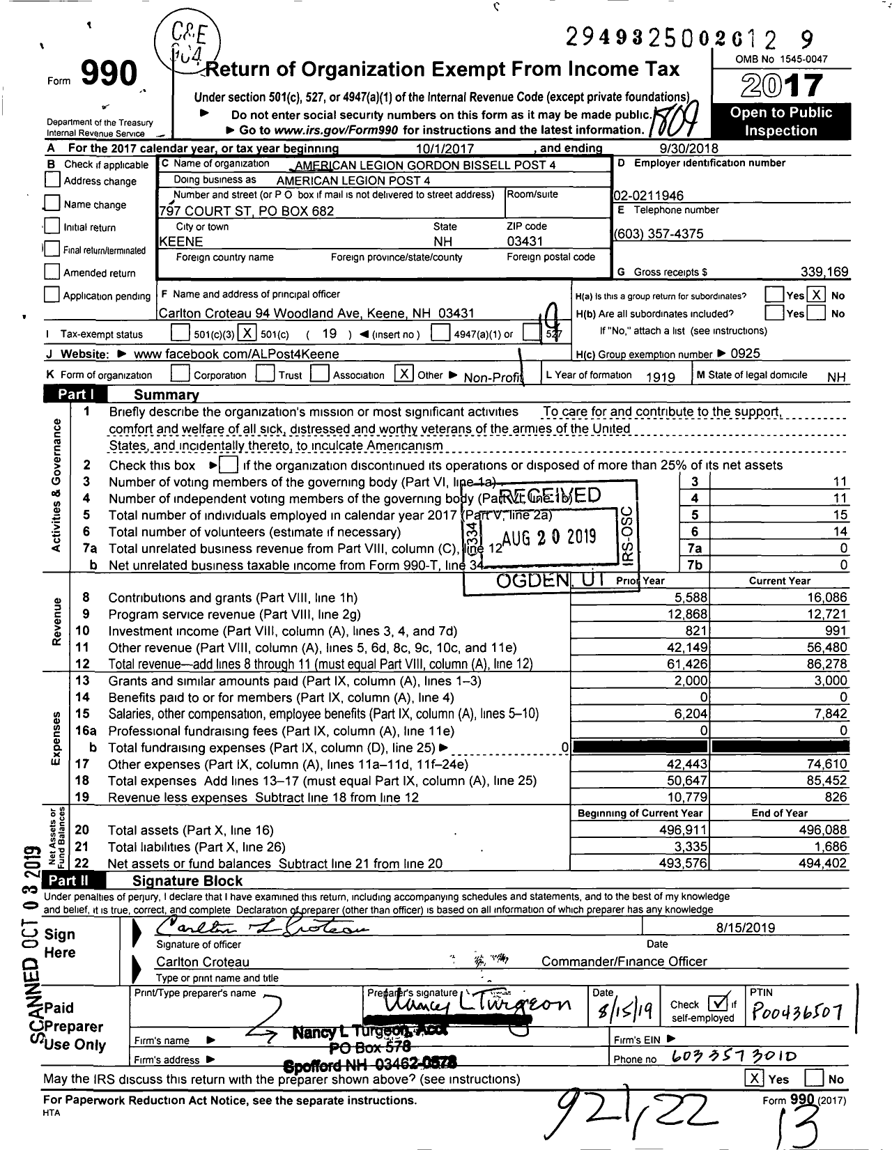 Image of first page of 2017 Form 990O for American Legion - American Legion Gordon Bissell Post 4