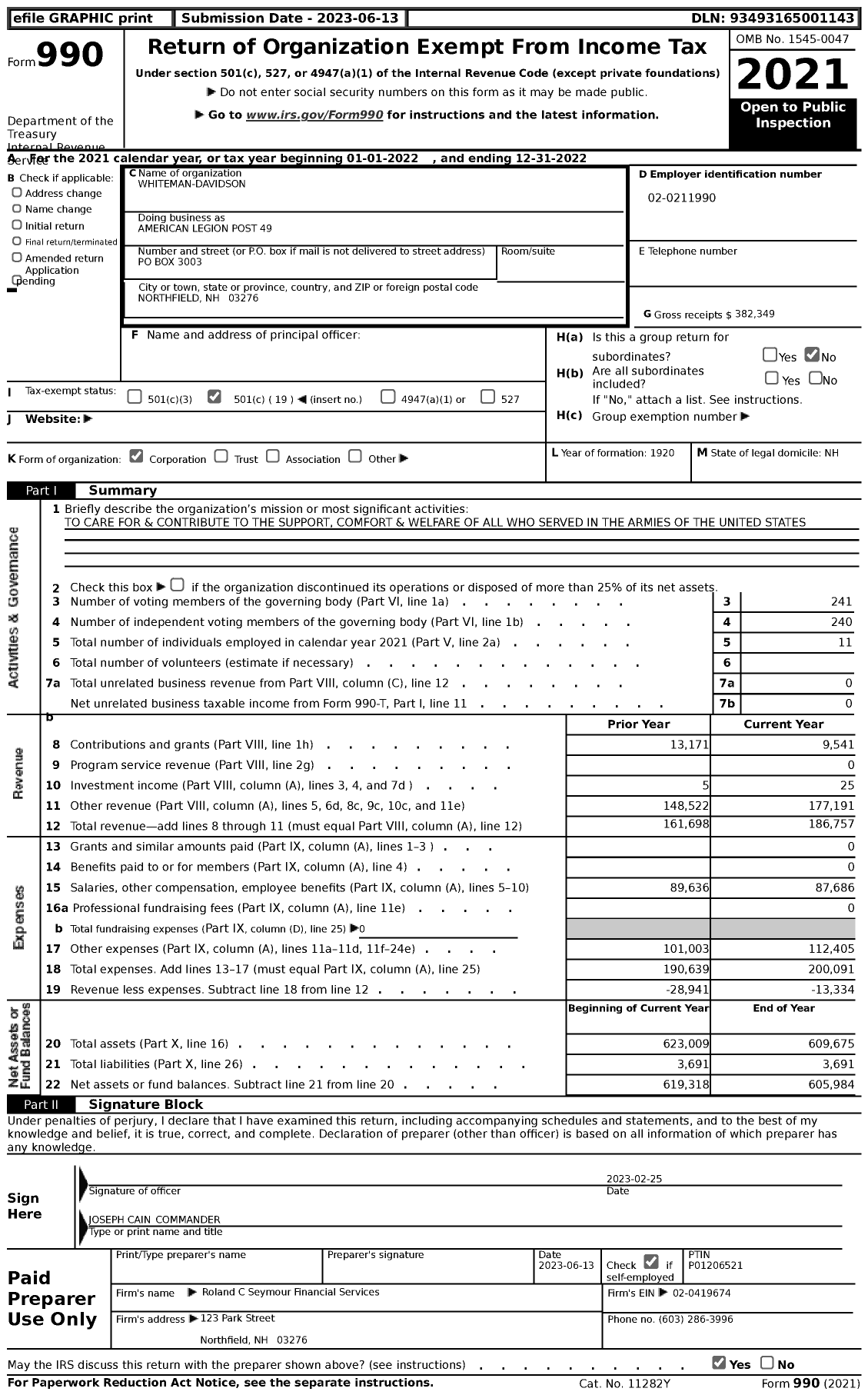 Image of first page of 2022 Form 990 for American Legion - 0049 Whiteman-Davidson