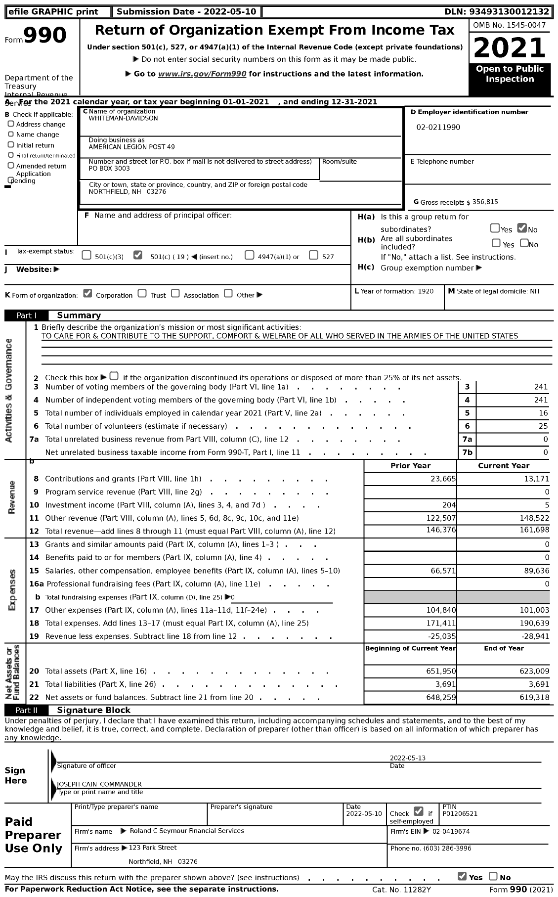 Image of first page of 2021 Form 990 for American Legion - 0049 Whiteman-Davidson