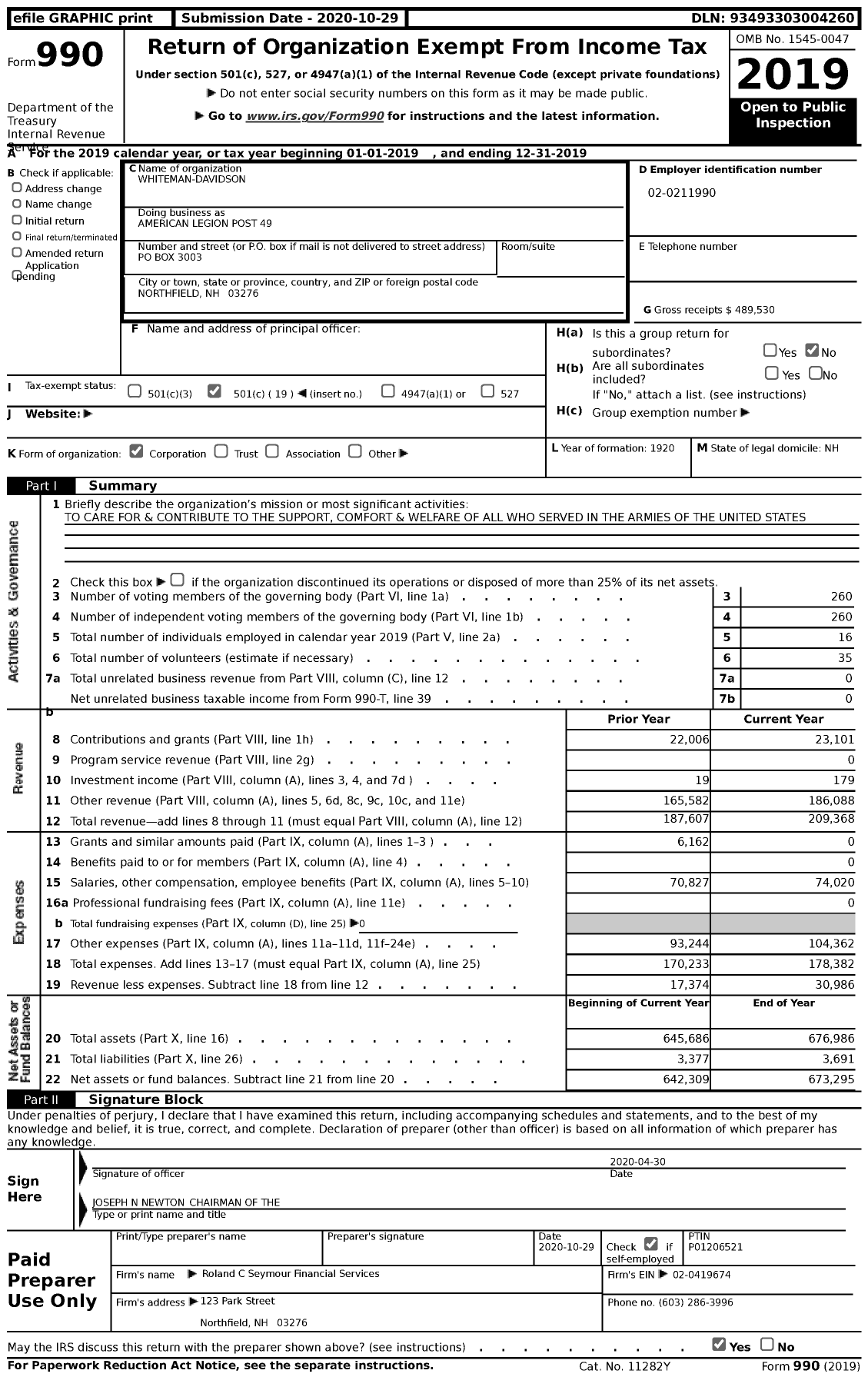 Image of first page of 2019 Form 990 for American Legion - 0049 Whiteman-Davidson