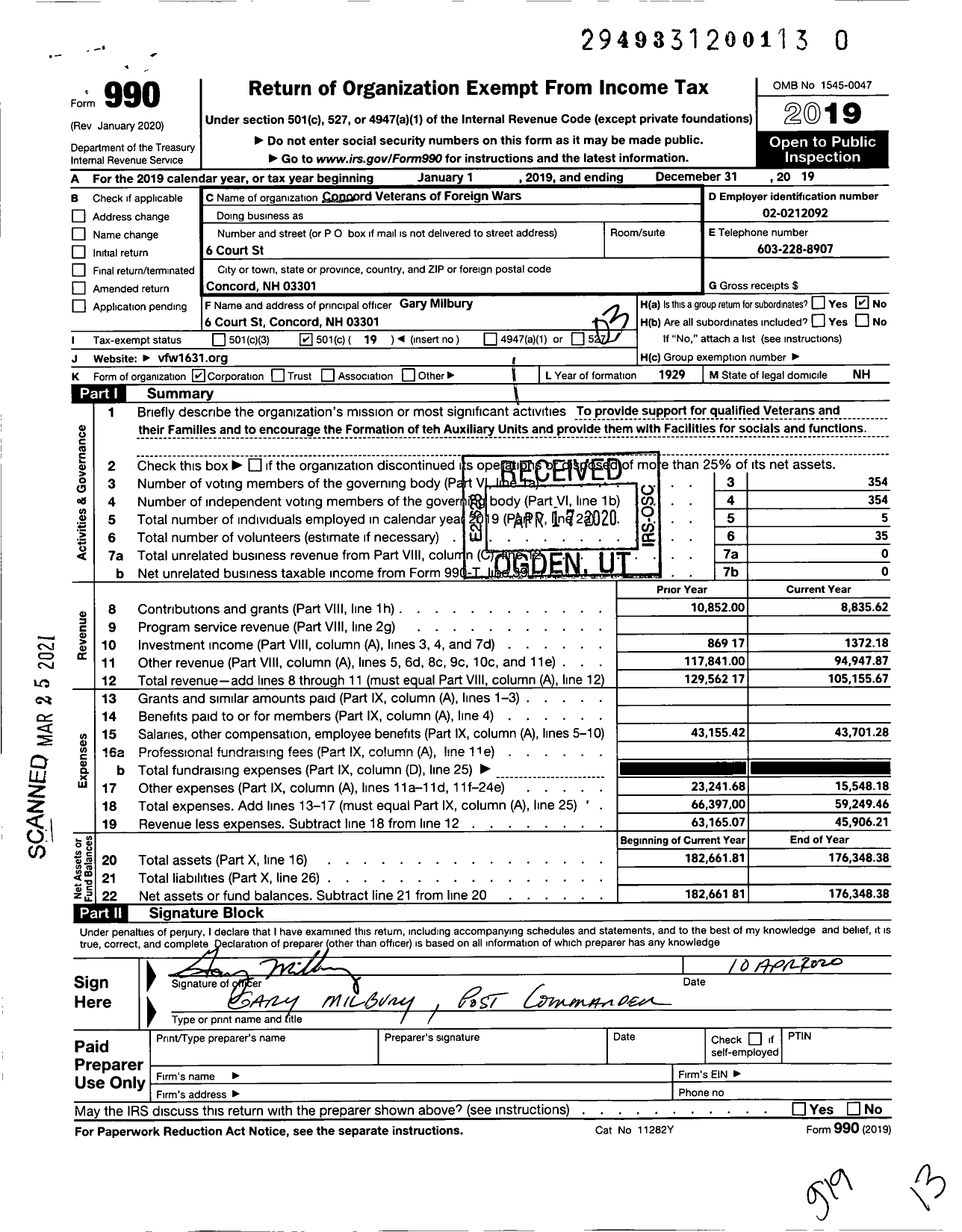 Image of first page of 2019 Form 990 for Veterans of Foreign Wars Department of New Hampshire - 1631 VFW Concord