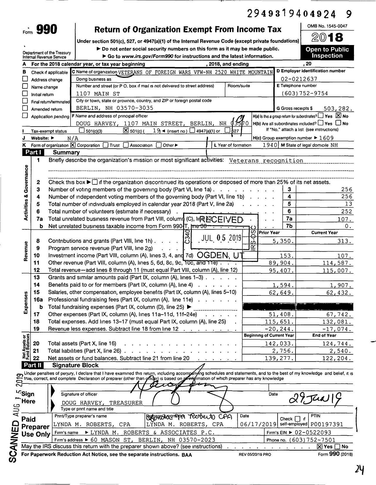 Image of first page of 2018 Form 990O for Veterans of Foreign Wars Department of New Hampshire - 2520 VFW Berlin