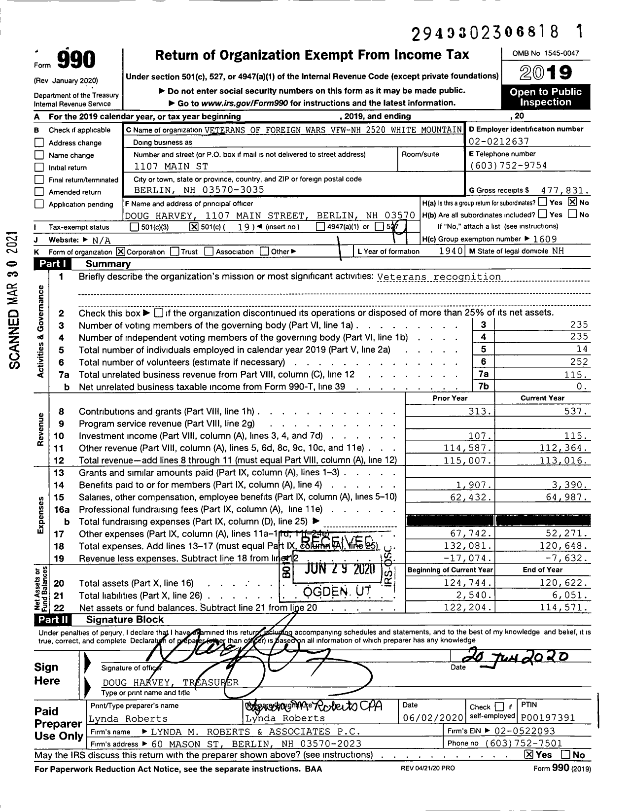 Image of first page of 2019 Form 990O for Veterans of Foreign Wars Department of New Hampshire - 2520 VFW Berlin