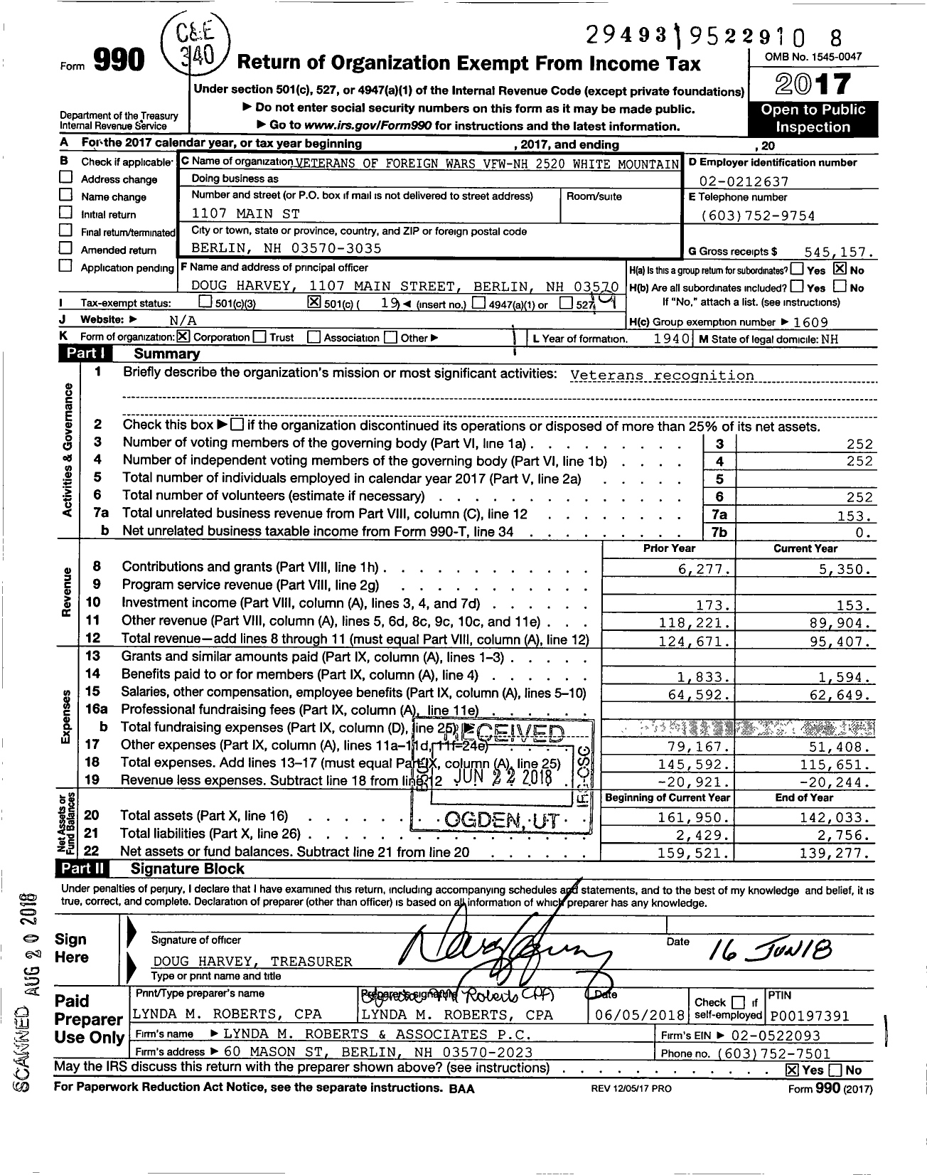 Image of first page of 2017 Form 990O for Veterans of Foreign Wars Department of New Hampshire - 2520 VFW Berlin