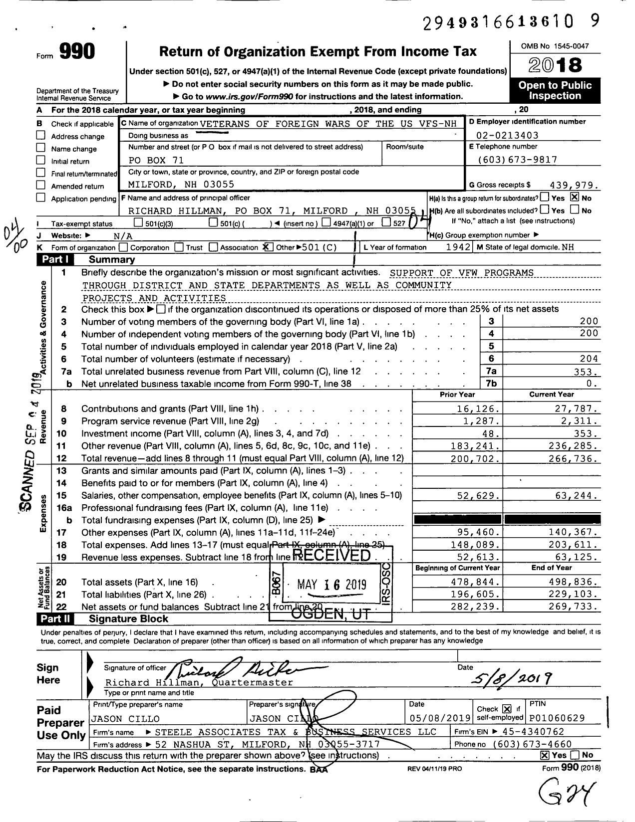 Image of first page of 2018 Form 990O for Veterans of Foreign Wars Department of New Hampshire - 4368 VFW