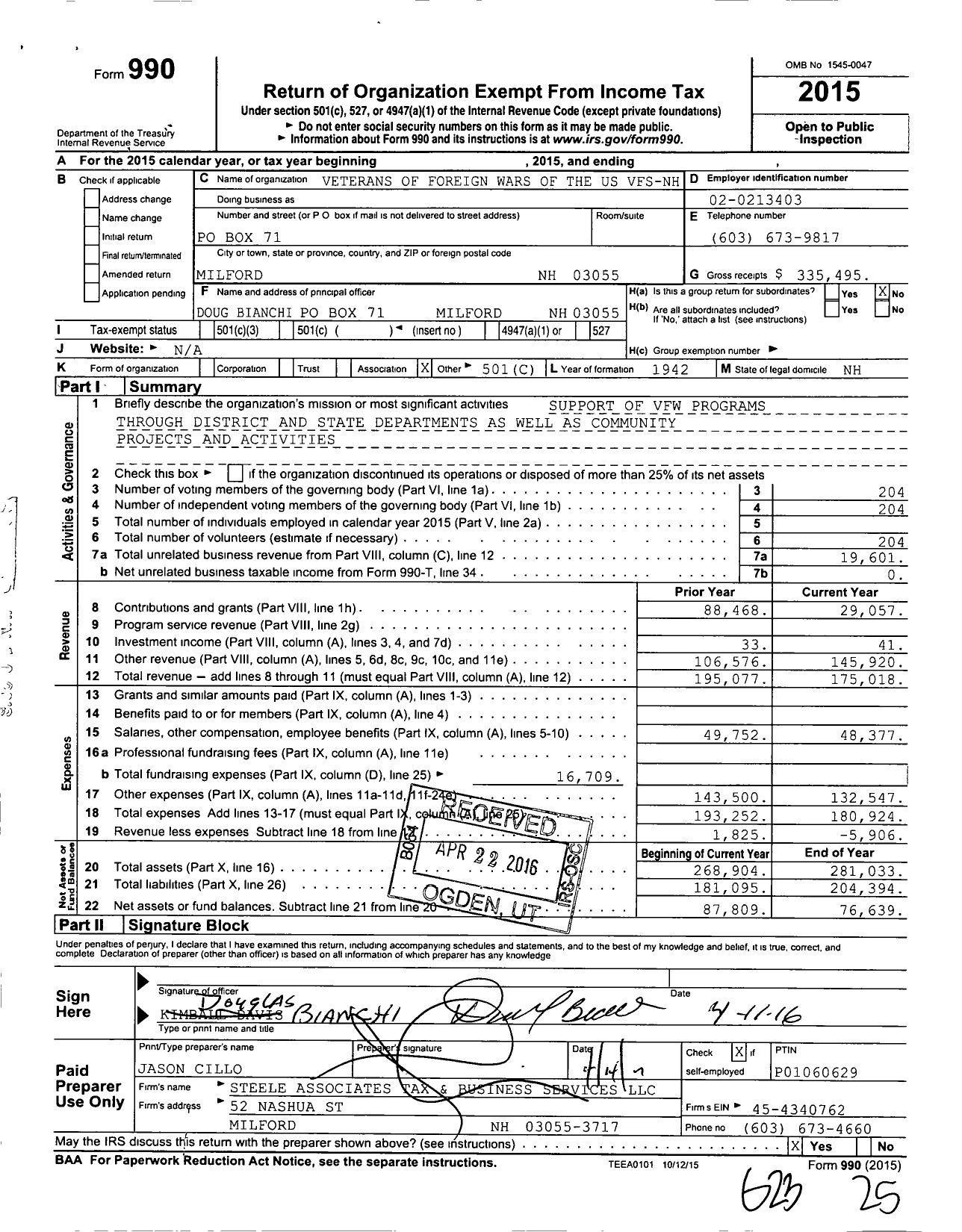 Image of first page of 2015 Form 990O for Veterans of Foreign Wars Department of New Hampshire - 4368 VFW
