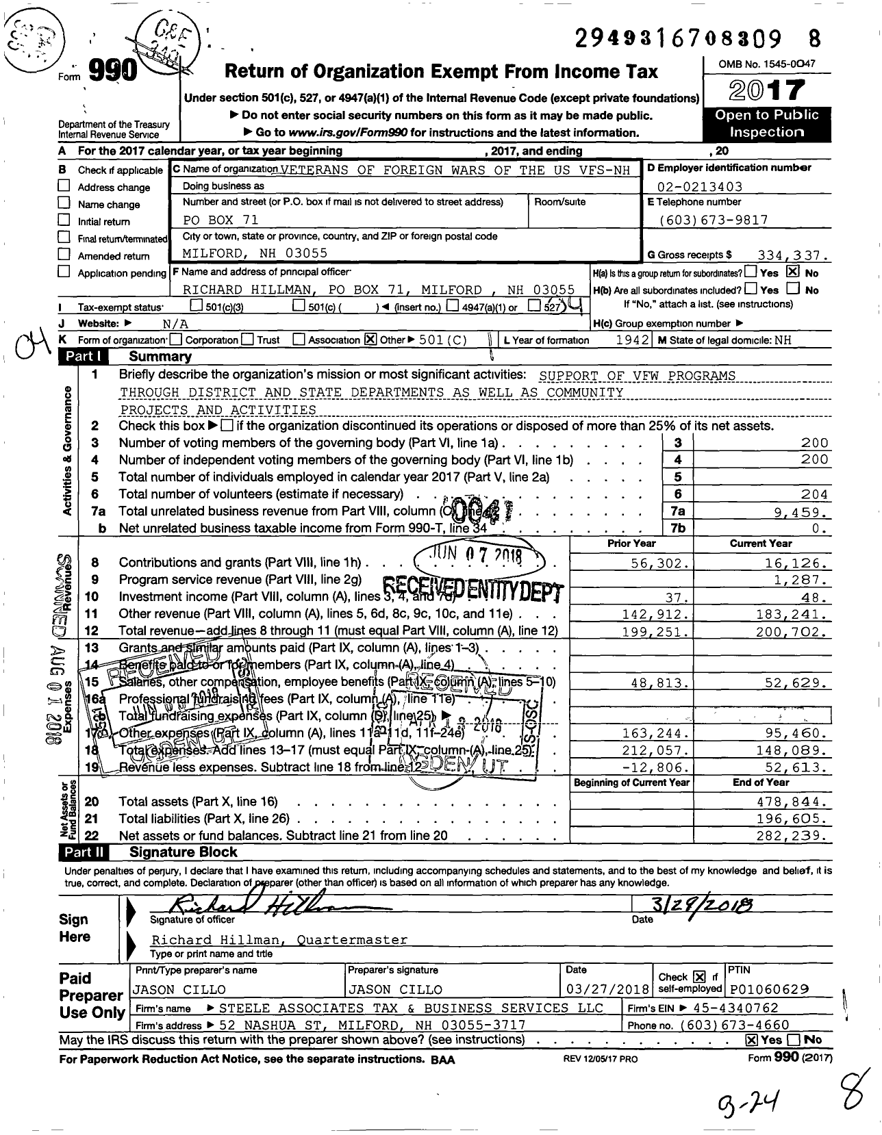 Image of first page of 2017 Form 990O for Veterans of Foreign Wars Department of New Hampshire - 4368 VFW
