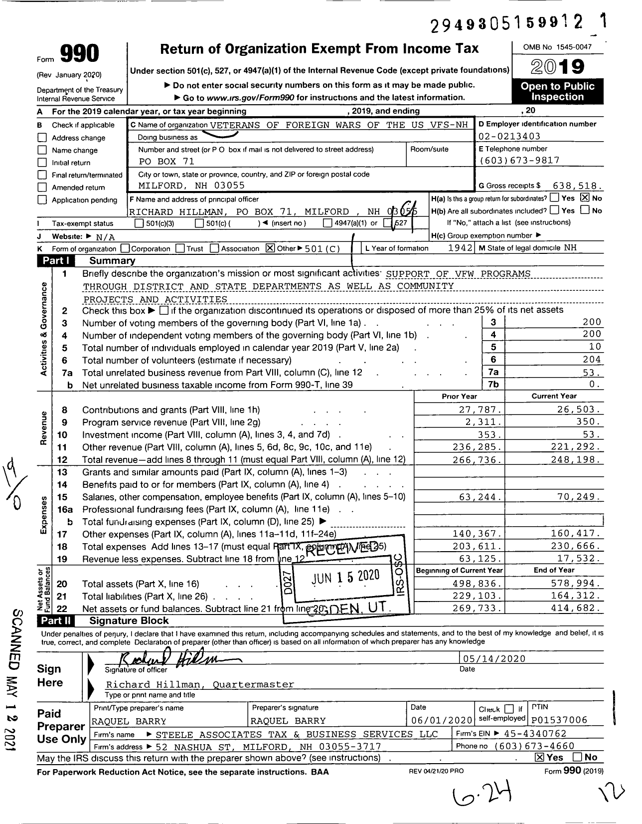 Image of first page of 2019 Form 990O for Veterans of Foreign Wars Department of New Hampshire - 4368 VFW