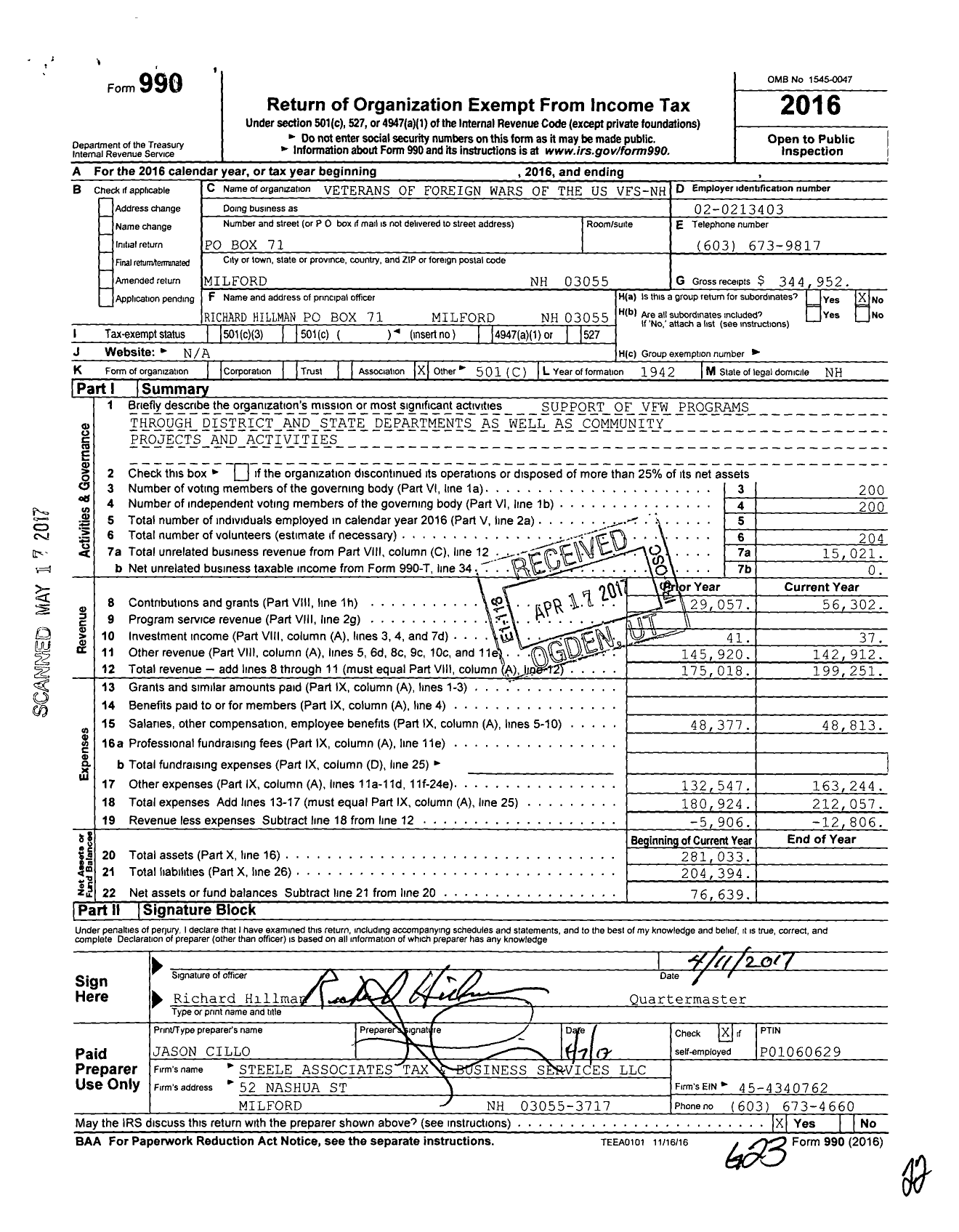 Image of first page of 2016 Form 990O for Veterans of Foreign Wars Department of New Hampshire - 4368 VFW