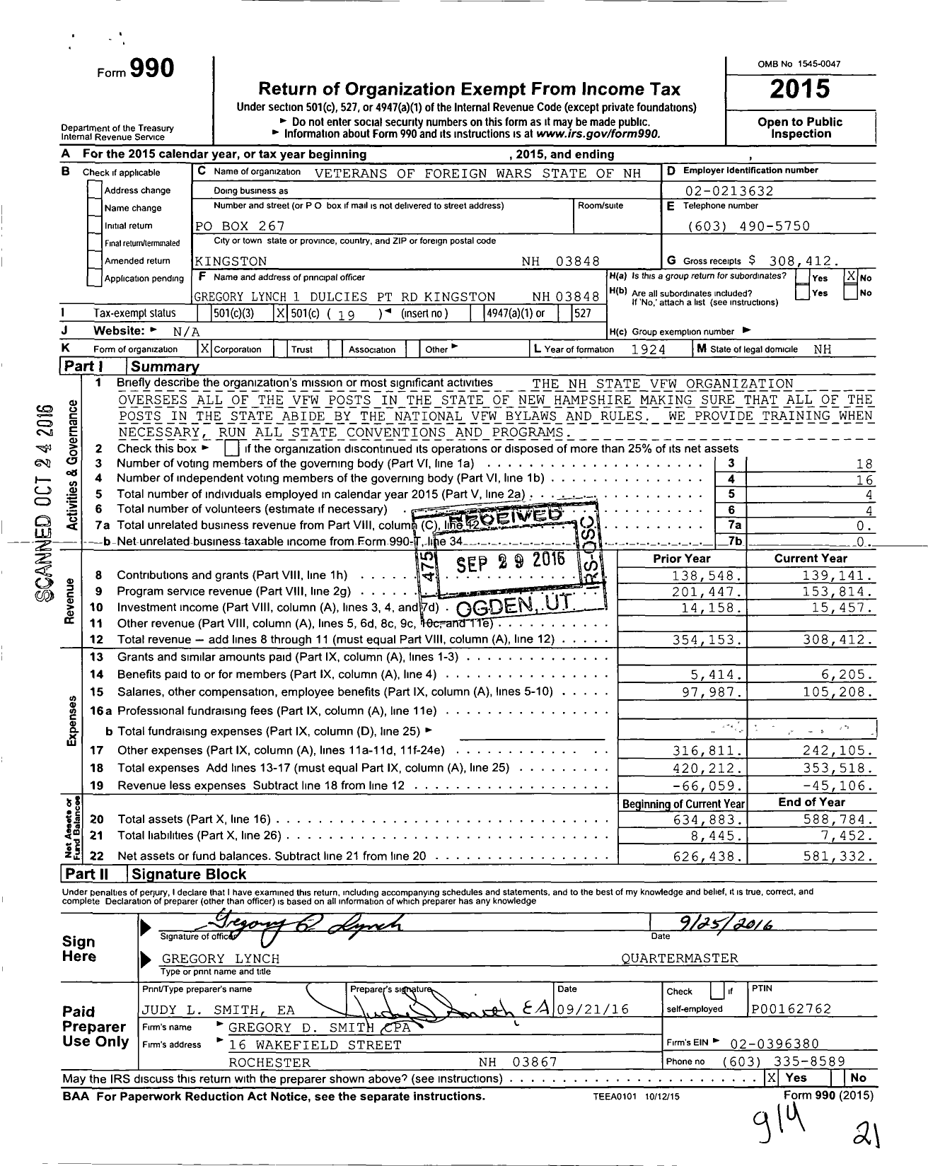 Image of first page of 2015 Form 990O for Veterans of Foreign Wars State of NH