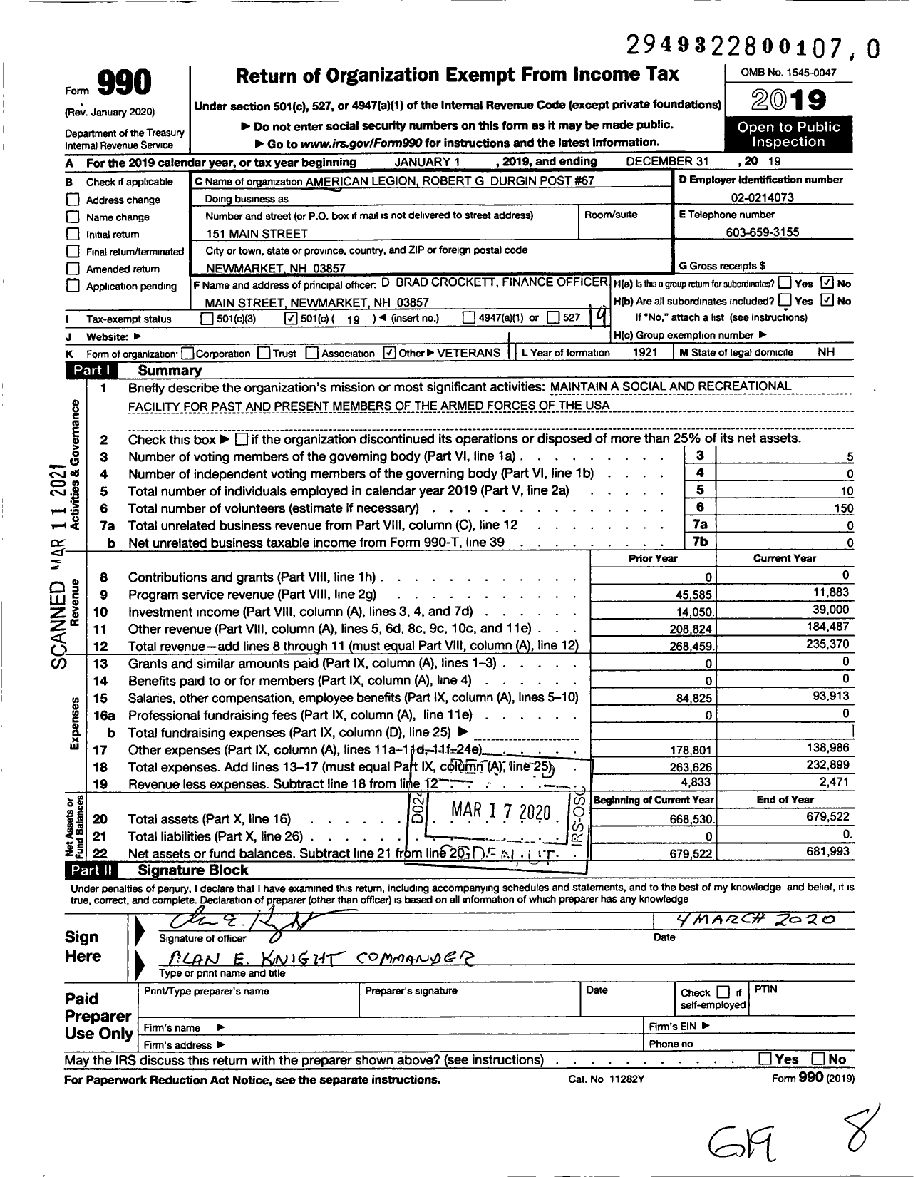 Image of first page of 2019 Form 990O for AMERICAN LEGION - 67 Robert G Durgin Post