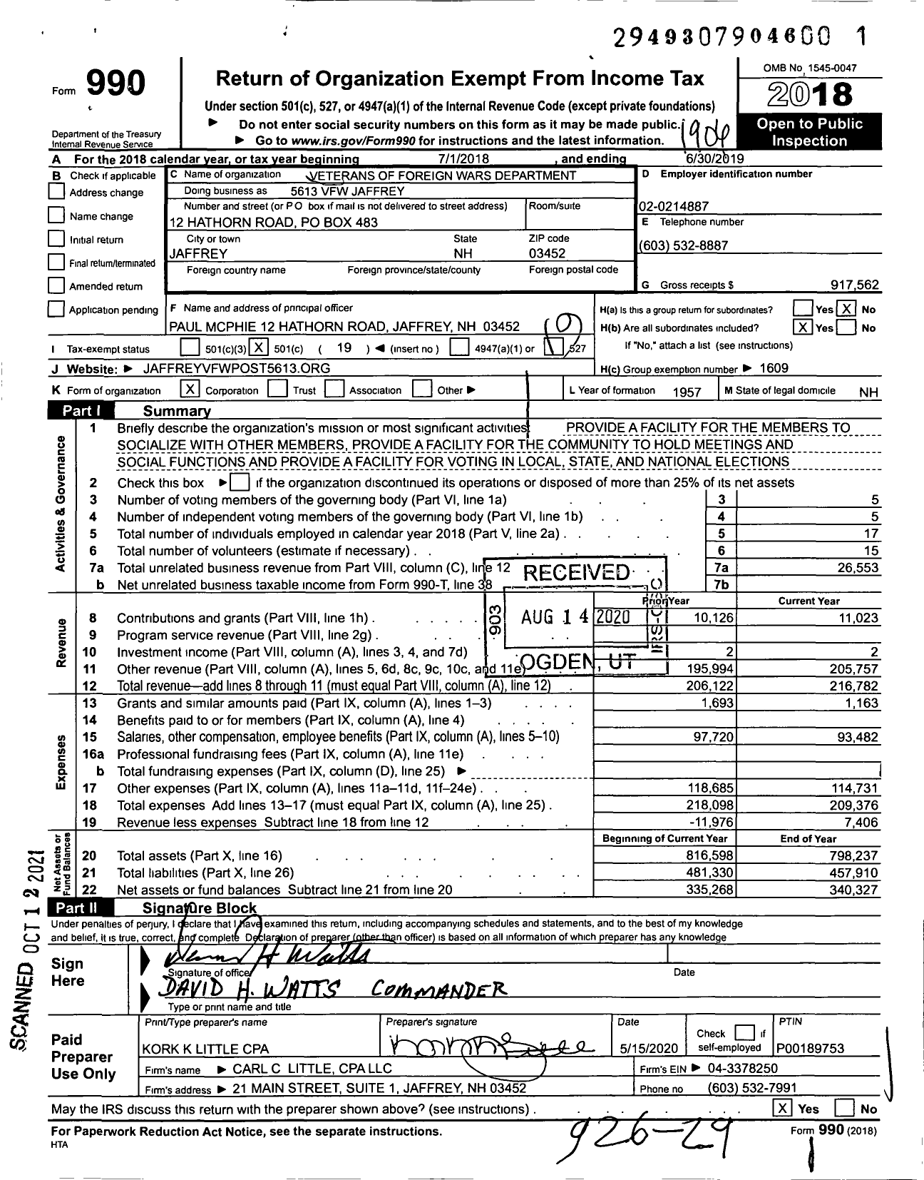 Image of first page of 2018 Form 990O for Veterans of Foreign Wars Department - VFW-NH 5613 Jaffrey