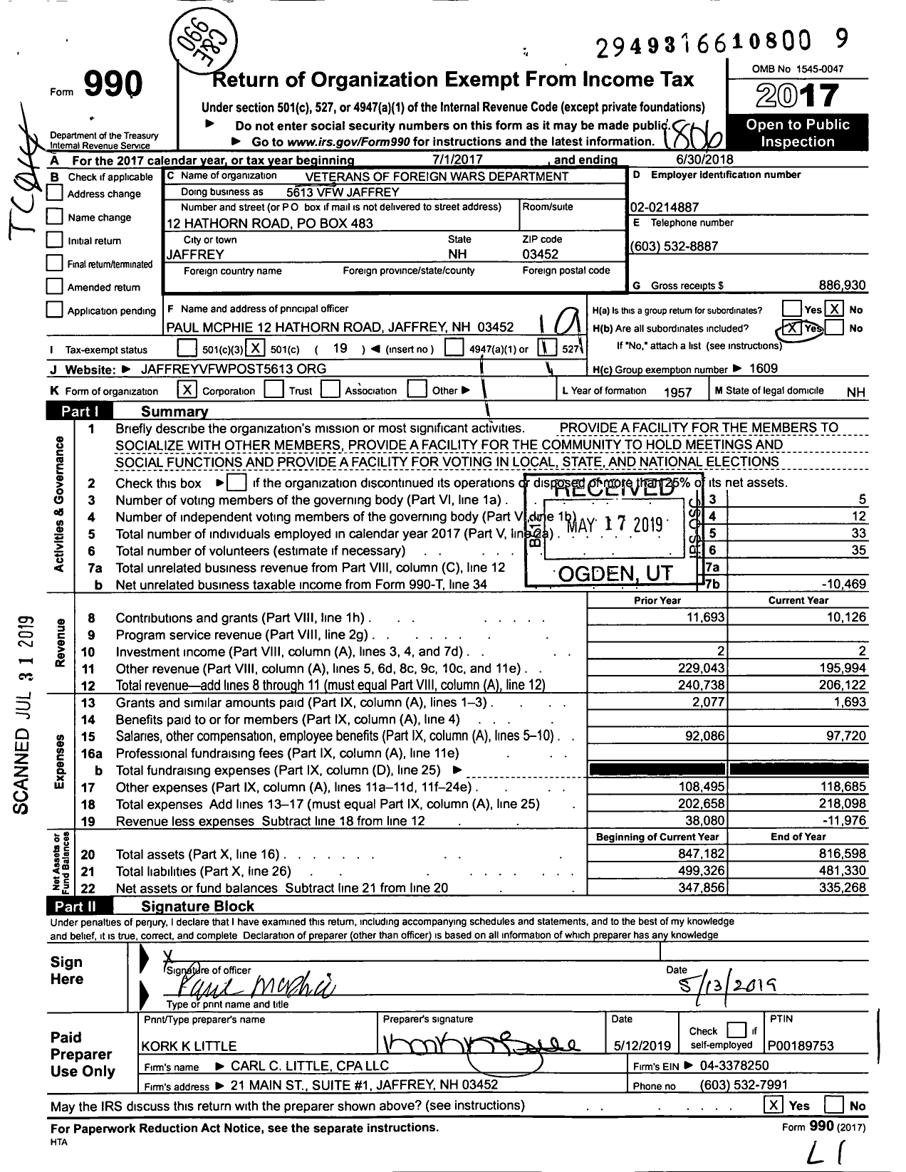 Image of first page of 2017 Form 990O for Veterans of Foreign Wars Department - VFW-NH 5613 Jaffrey