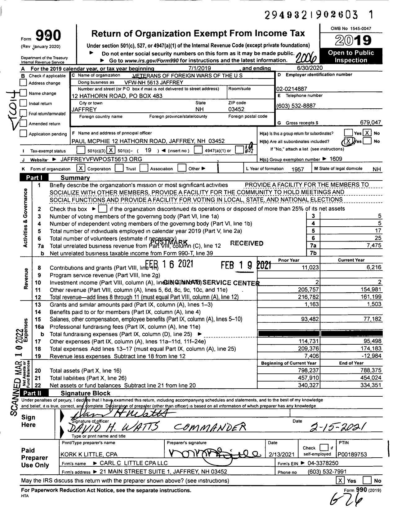 Image of first page of 2019 Form 990O for Veterans of Foreign Wars Department - VFW-NH 5613 Jaffrey
