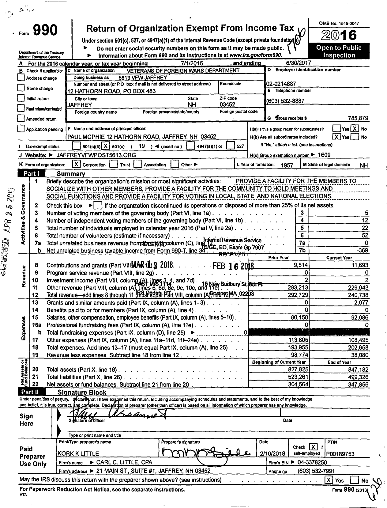Image of first page of 2016 Form 990O for Veterans of Foreign Wars Department - VFW-NH 5613 Jaffrey