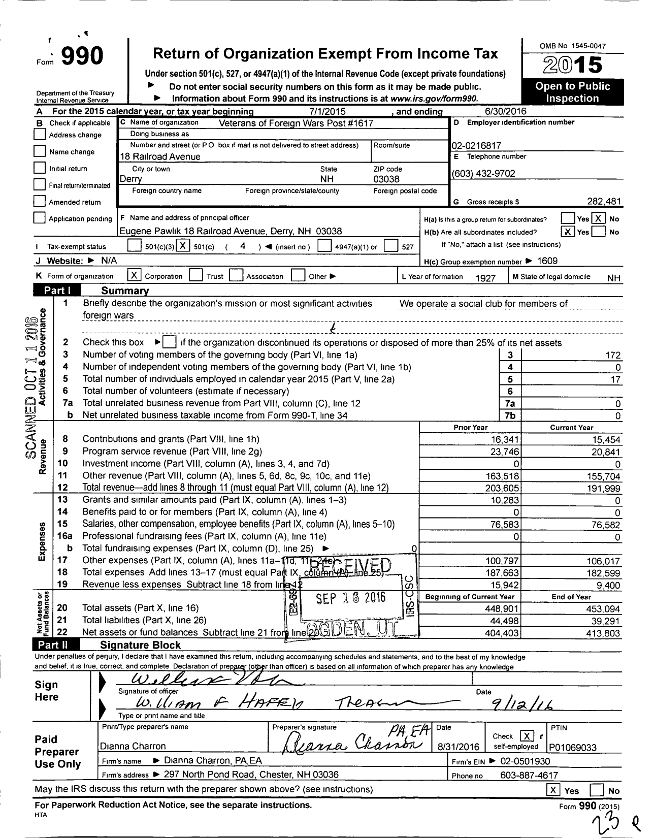 Image of first page of 2015 Form 990O for Veterans of Foreign Wars Department of New Hampshire - 1617 VFW