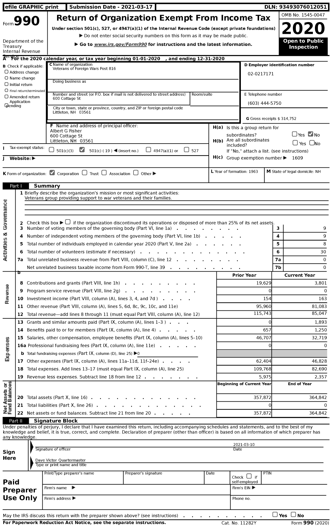 Image of first page of 2020 Form 990 for Veterans of Foreign Wars Department of New Hampshire - VFW Post 816