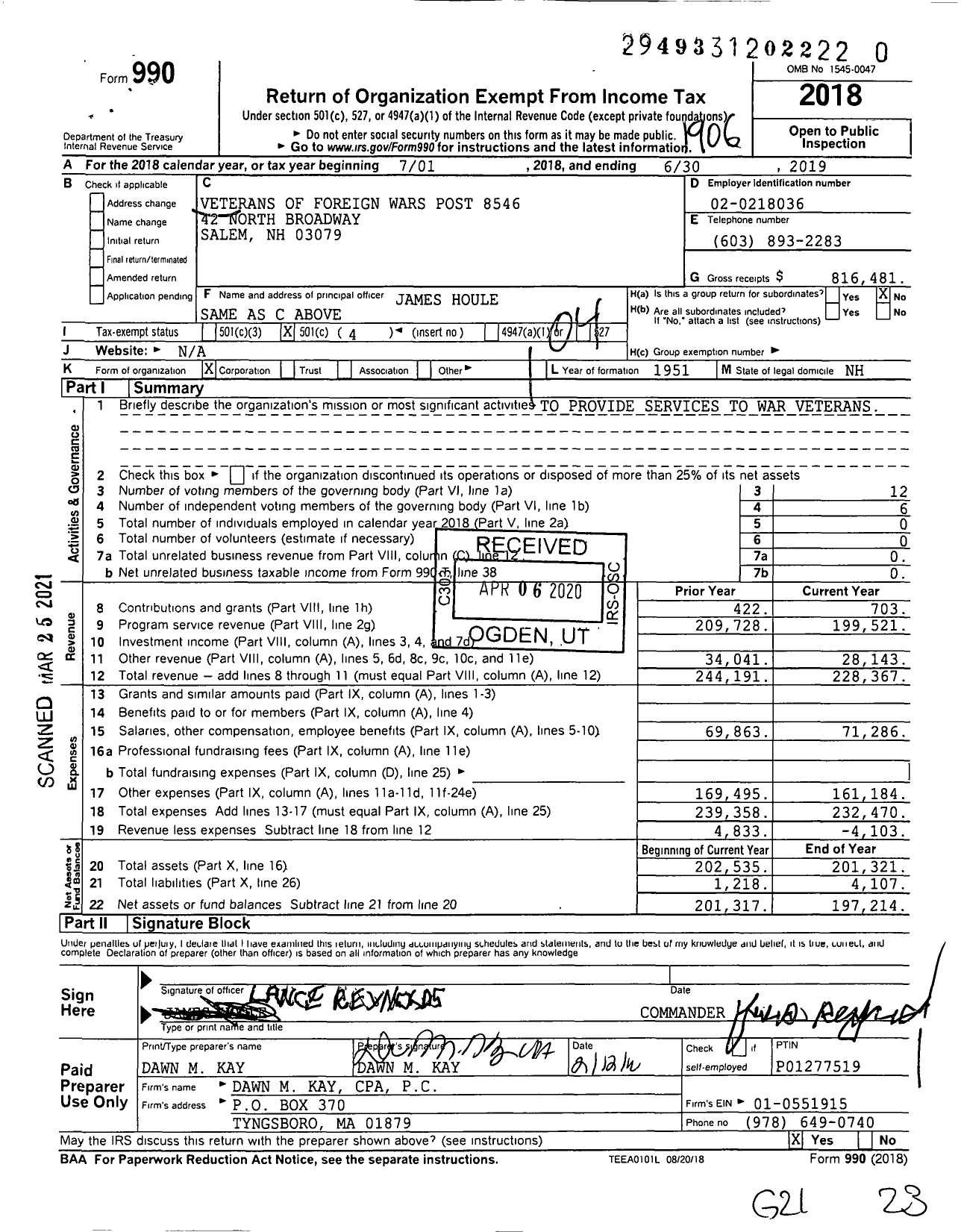 Image of first page of 2018 Form 990O for Veterans of Foreign Wars Department of New Hampshire - 8546 VFW