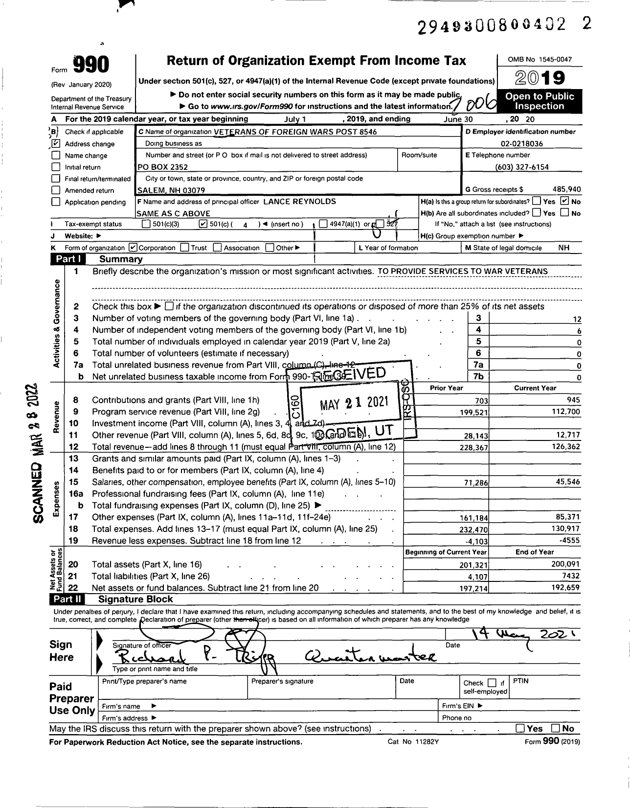 Image of first page of 2019 Form 990O for Veterans of Foreign Wars Department of New Hampshire - 8546 VFW