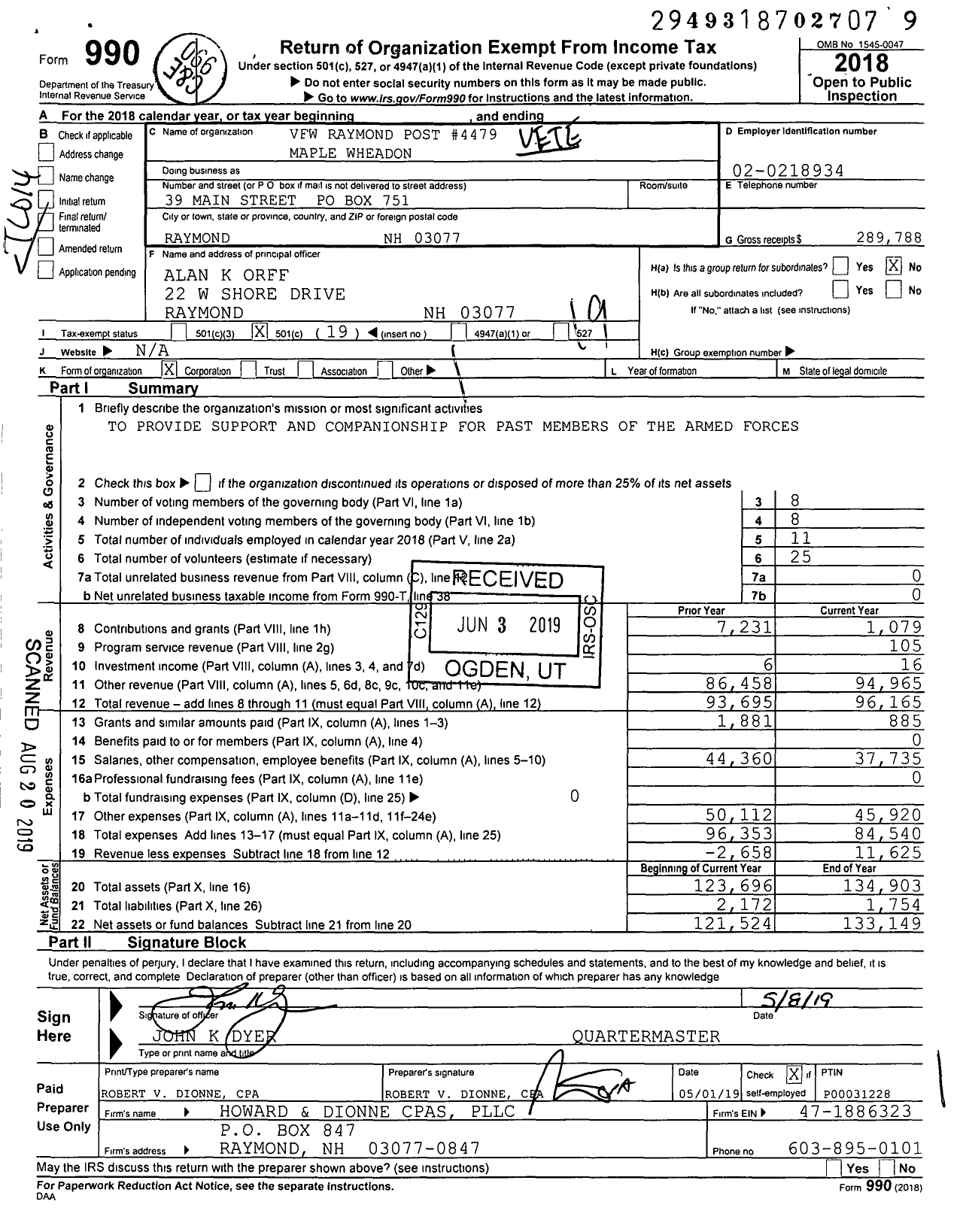 Image of first page of 2018 Form 990O for Veterans of Foreign Wars Department of New Hampshire - VFW Raymond Post 4479 Maple Wheadon