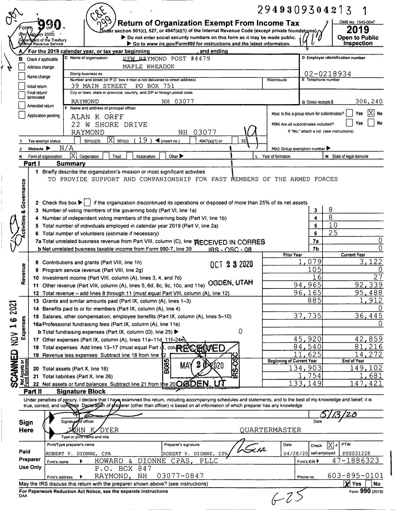 Image of first page of 2019 Form 990O for Veterans of Foreign Wars Department of New Hampshire - VFW Raymond Post 4479 Maple Wheadon