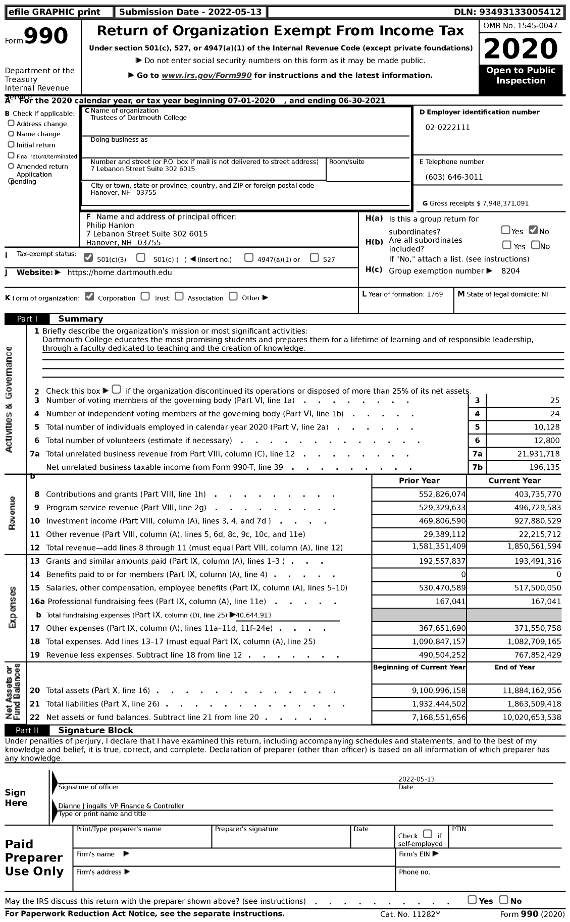 Image of first page of 2020 Form 990 for Dartmouth College