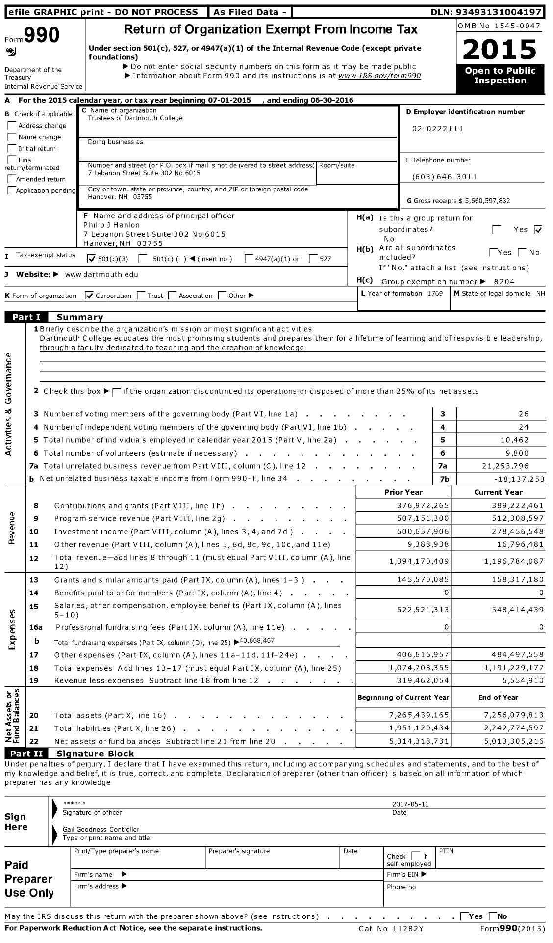 Image of first page of 2015 Form 990 for Dartmouth College