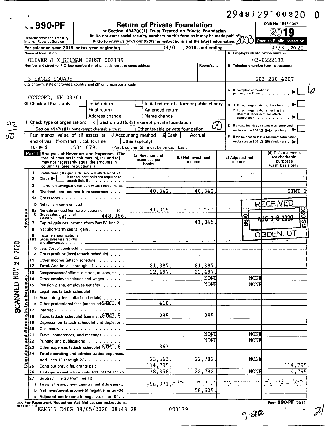 Image of first page of 2019 Form 990PF for Oliver J M Gilman Trust 3139