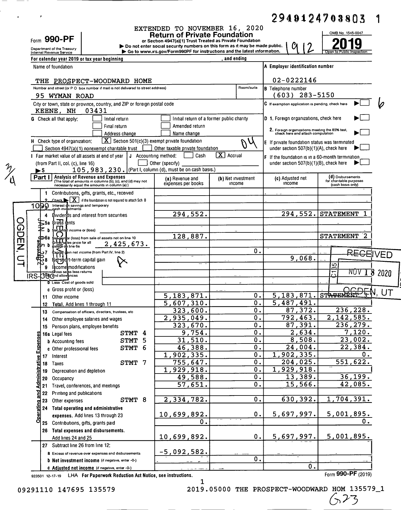 Image of first page of 2019 Form 990PF for The Prospect-Woodward Home