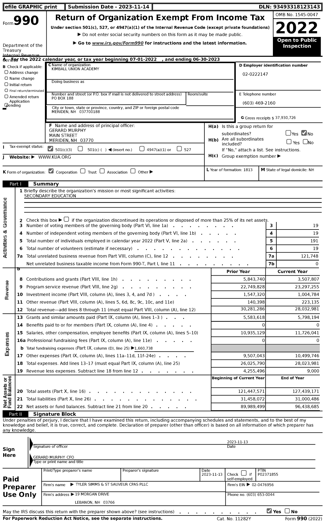 Image of first page of 2022 Form 990 for Kimball Union Academy (KUA)