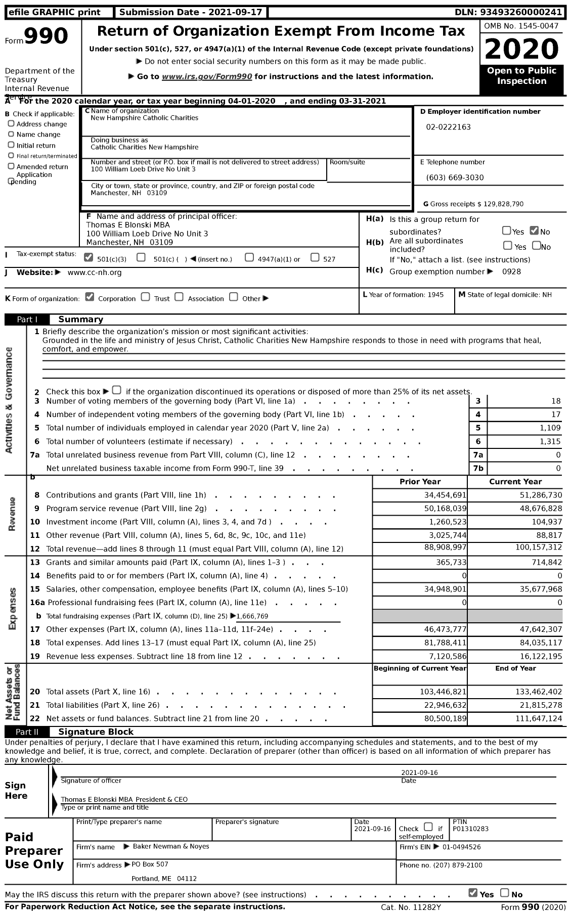 Image of first page of 2020 Form 990 for Catholic Charities New Hampshire