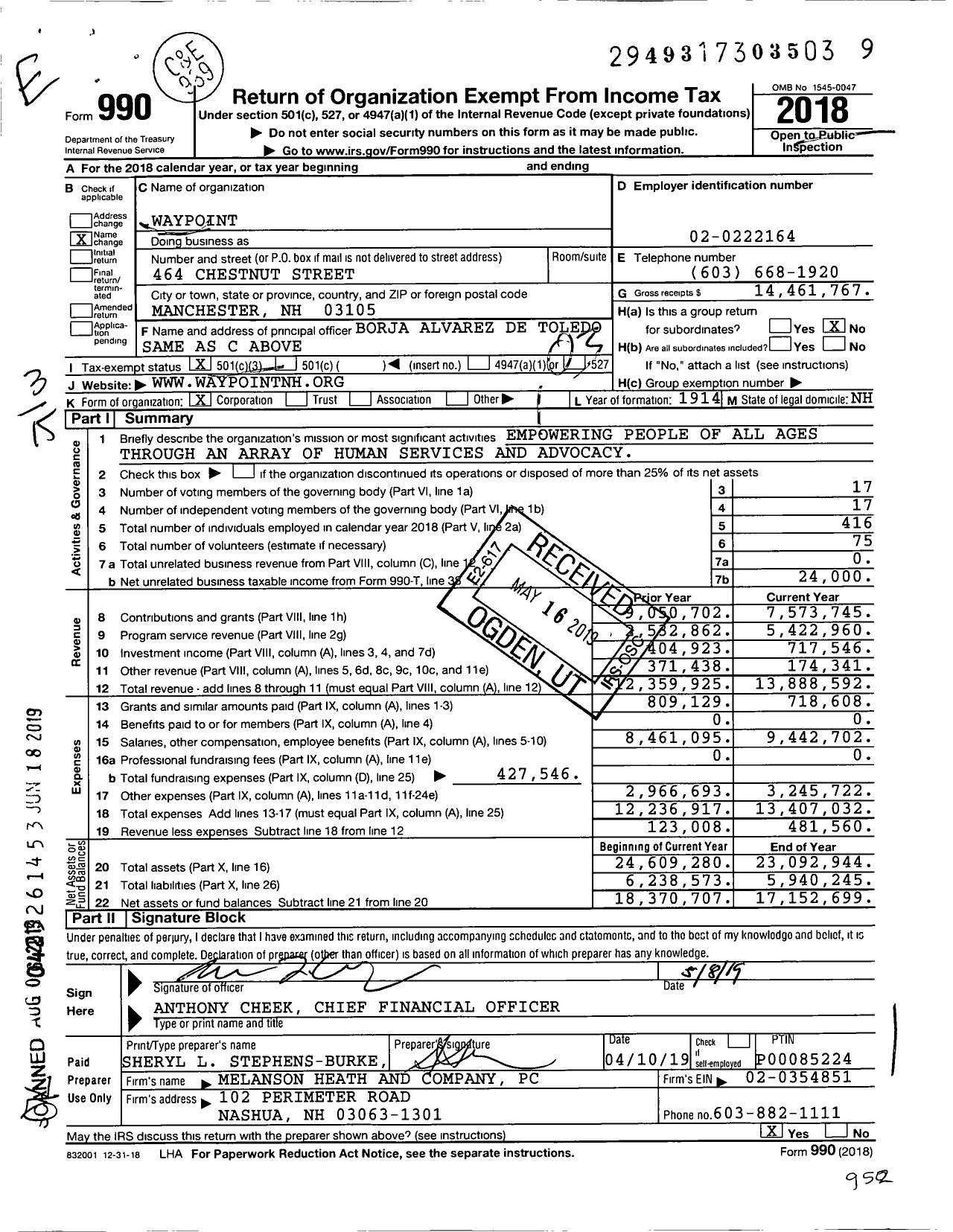 Image of first page of 2018 Form 990 for Waypoint (CFSNH)