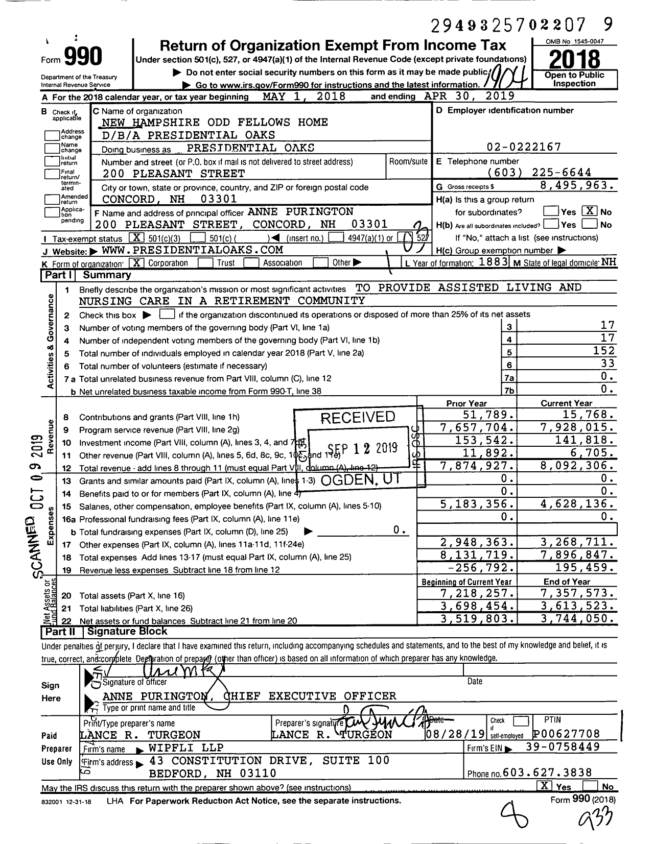 Image of first page of 2018 Form 990 for Presidential Oaks