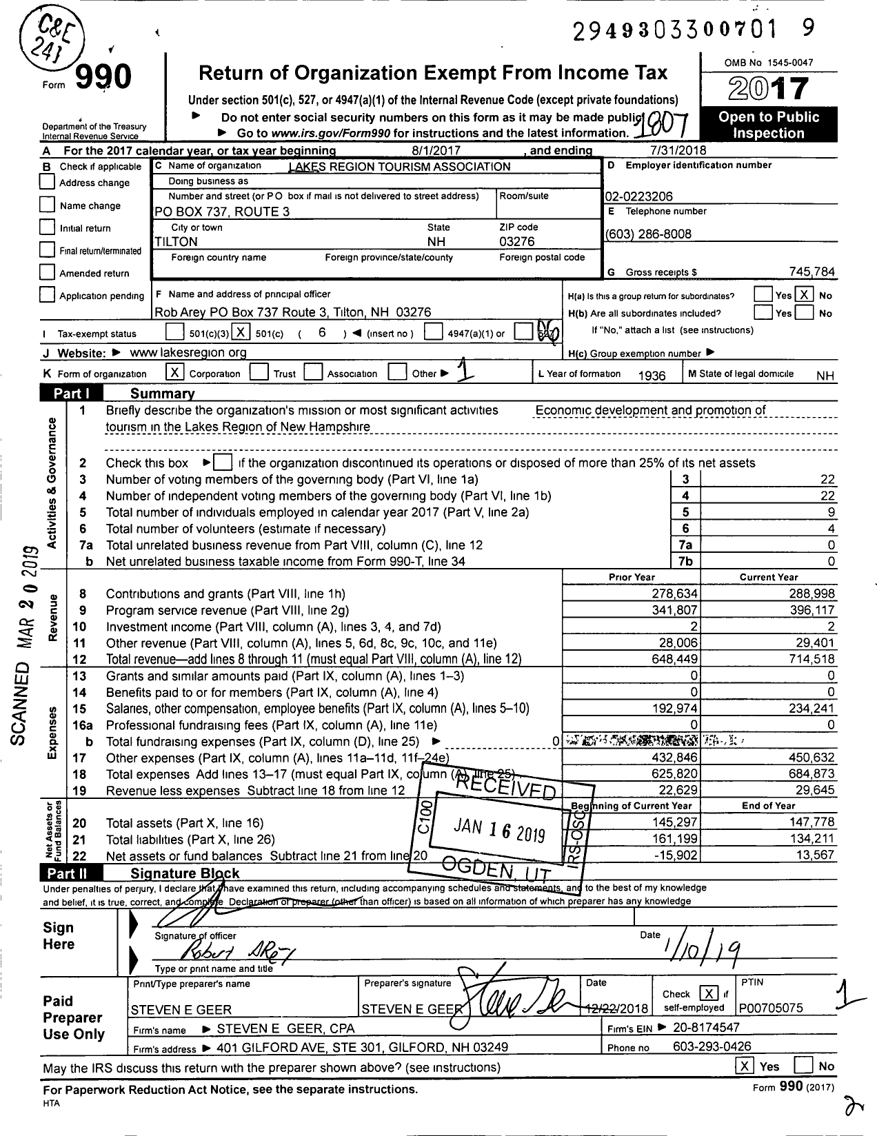 Image of first page of 2017 Form 990O for Lakes Region Tourism Association