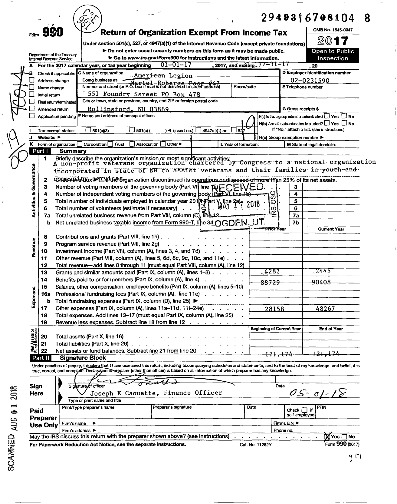 Image of first page of 2017 Form 990O for American Legion - Martel Roberge Post #47